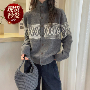 欧货女装 新款 短外套潮 女欧洲站2025冬装 复古提花高领羊绒针织开衫
