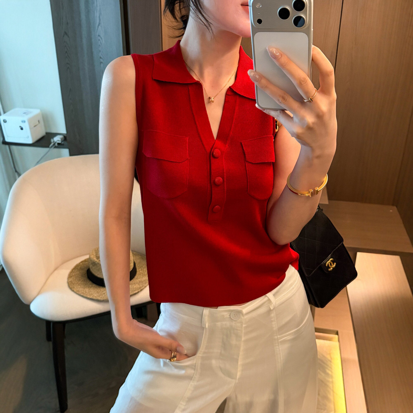 POLO领口袋纽扣冰丝针织衫女欧洲站2026夏季新款欧货女装无袖上衣