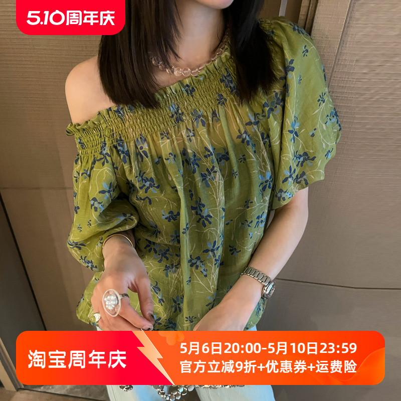 泡泡袖印花雪纺衬衫女欧洲站夏装2024新款欧货女装时尚洋气小衫潮