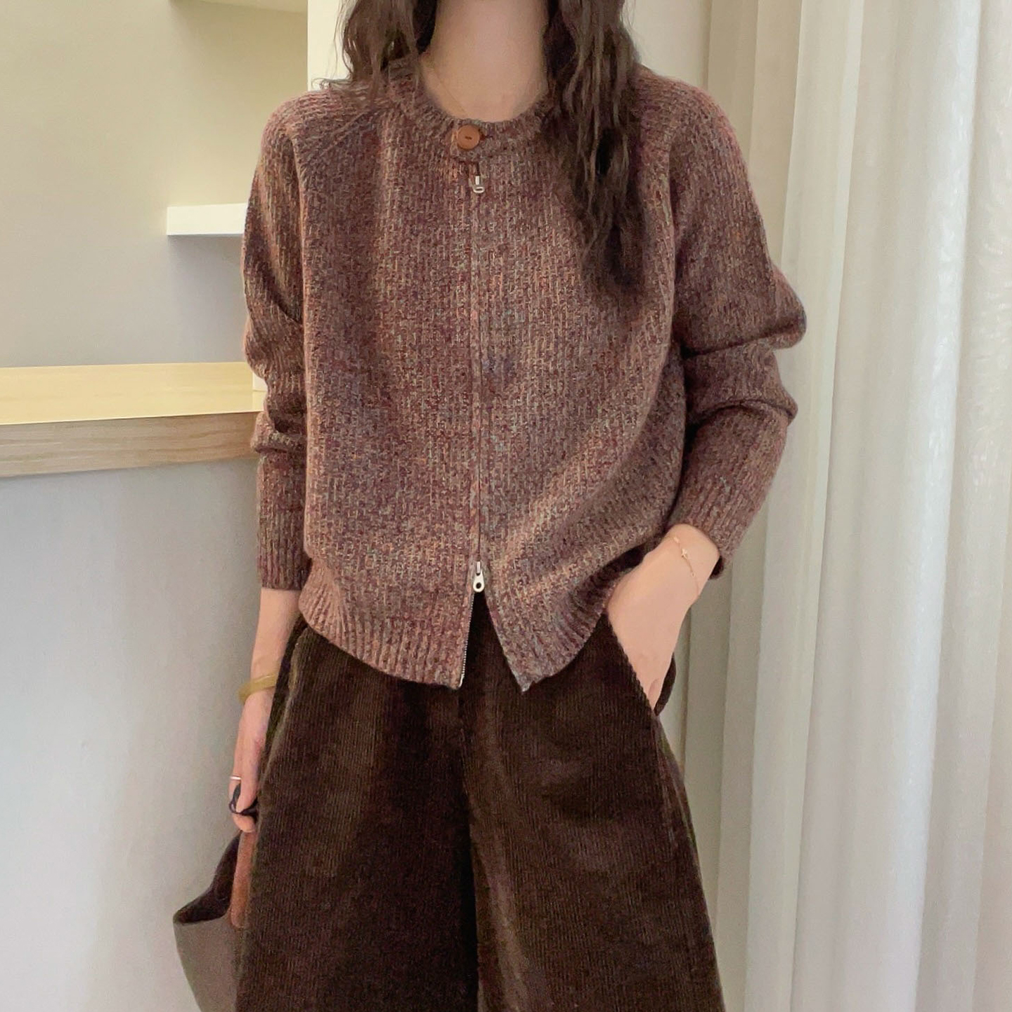 复古杂线全羊毛针织开衫女欧洲站
