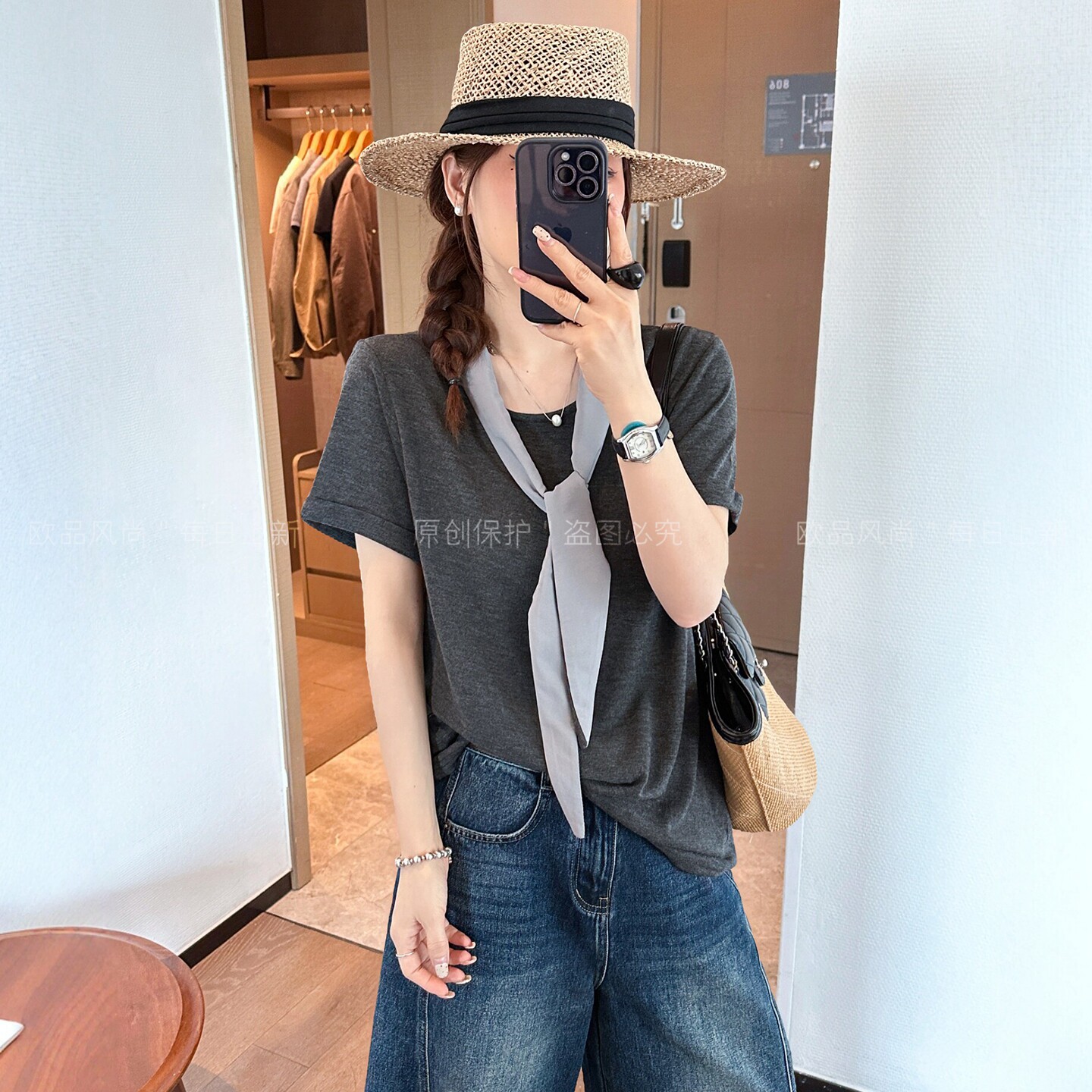 领口系带修身短袖T恤女欧洲站潮