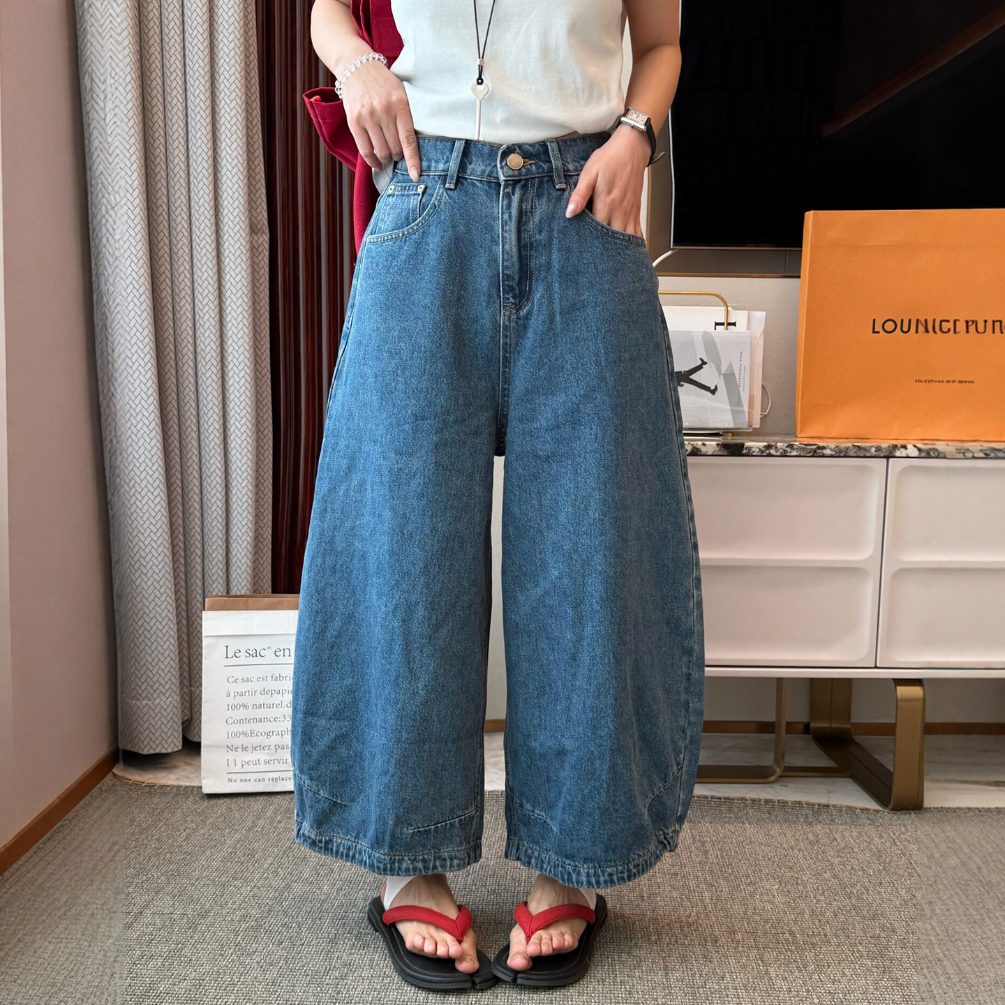 深蓝色气球阔腿牛仔裤女欧洲站2026春装新款欧货女装时尚九分裤潮