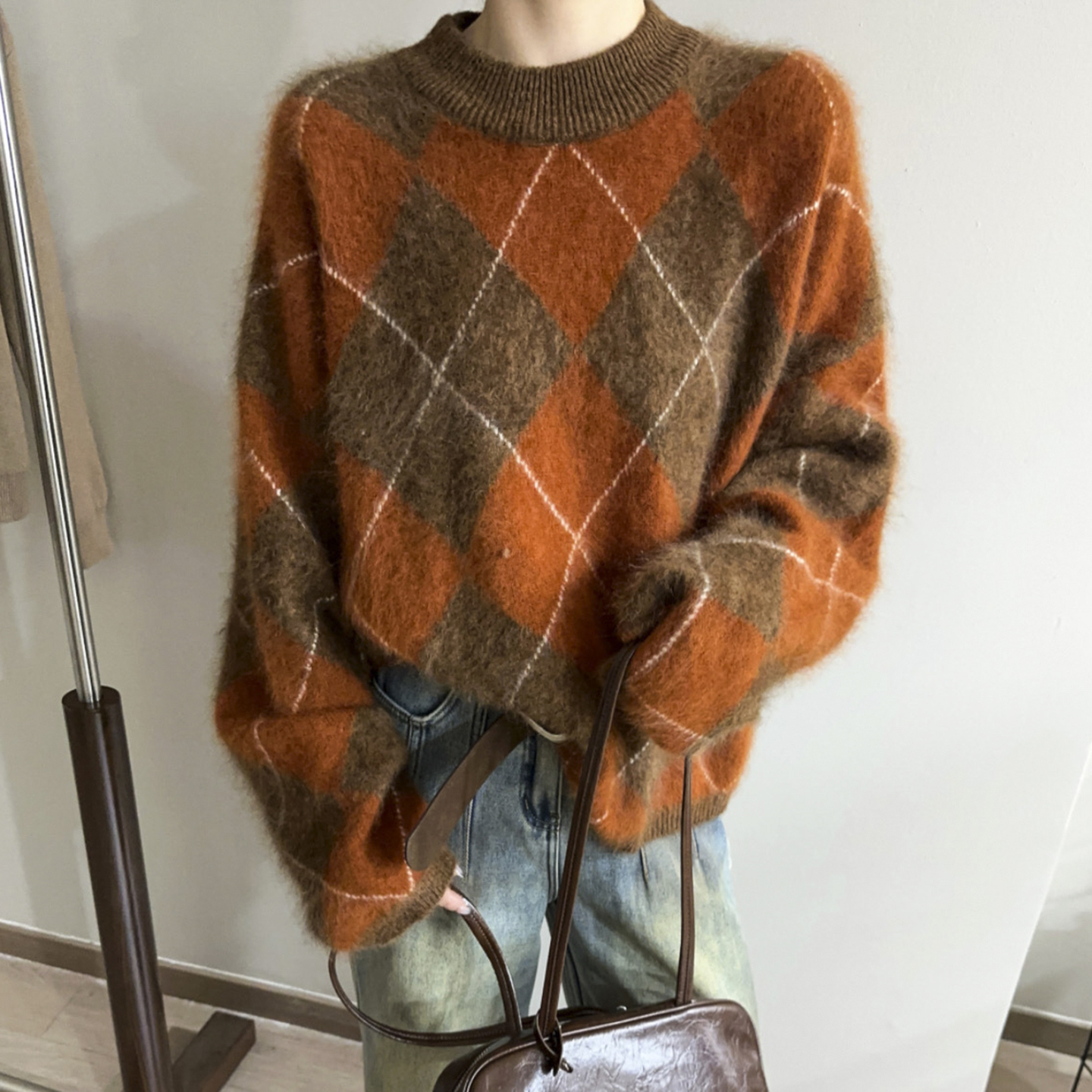 菱形格拉毛羊绒针织衫女欧货毛衣