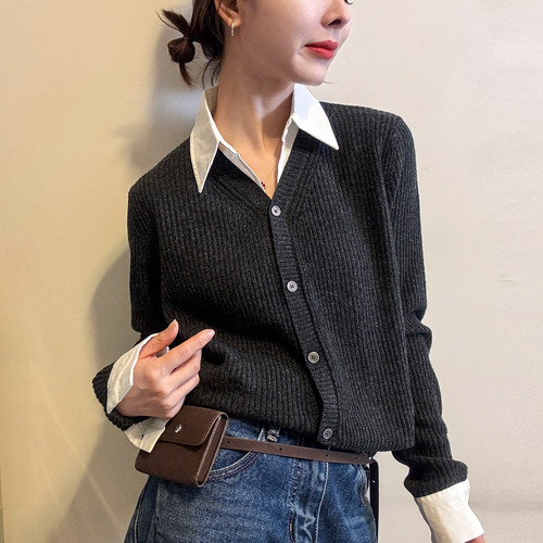 假两件翻领羊毛针织开衫女欧洲站