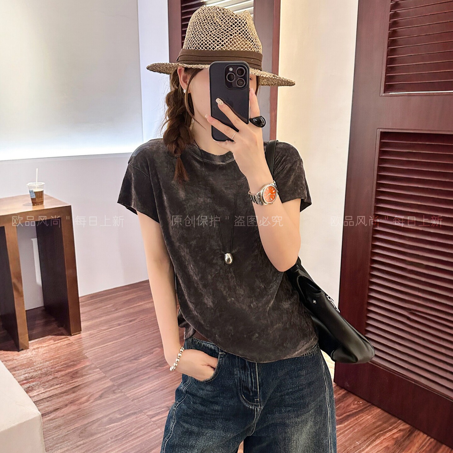 小飞袖金丝绒短袖T恤女欧货上衣