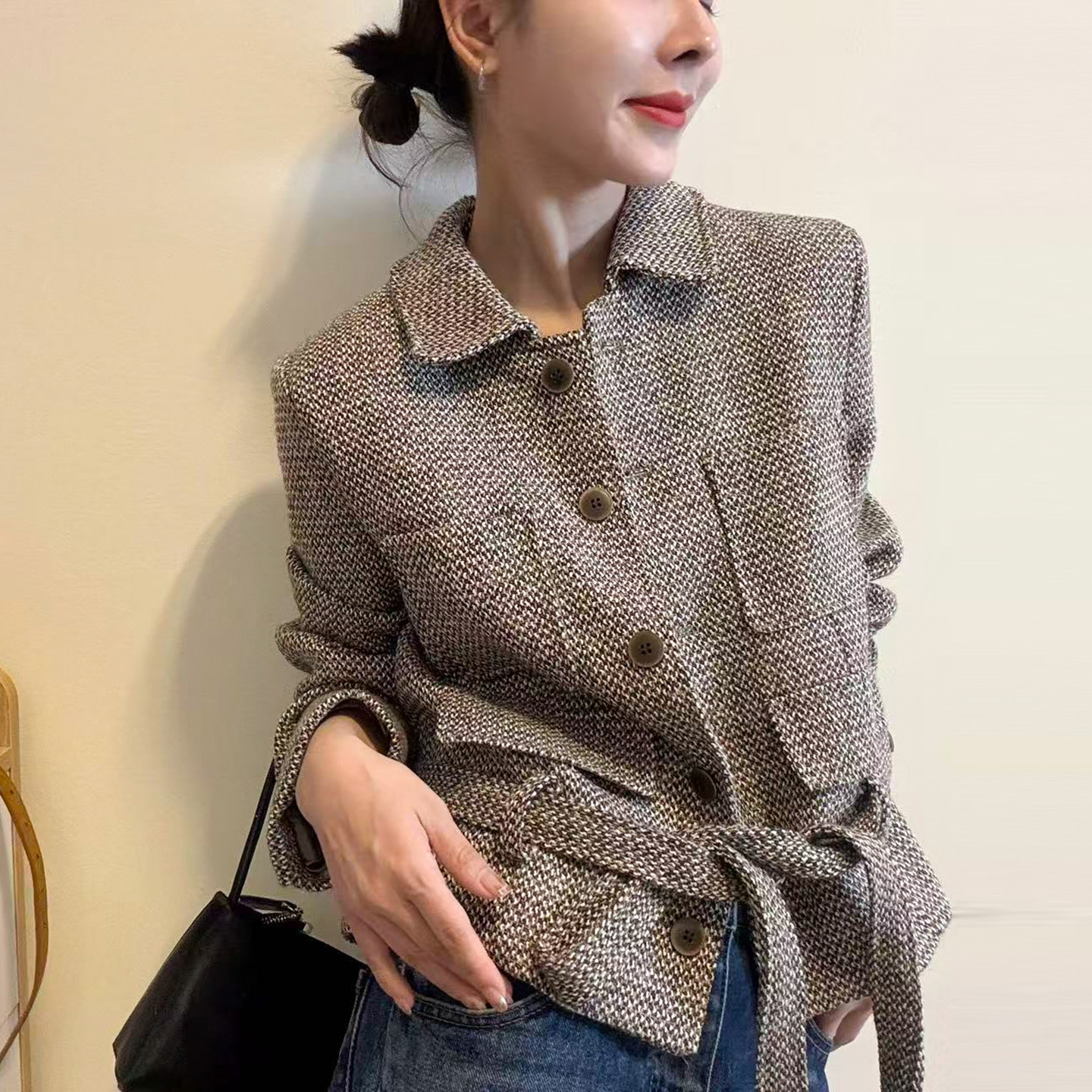 复古翻领羊毛收腰外套女欧货上衣