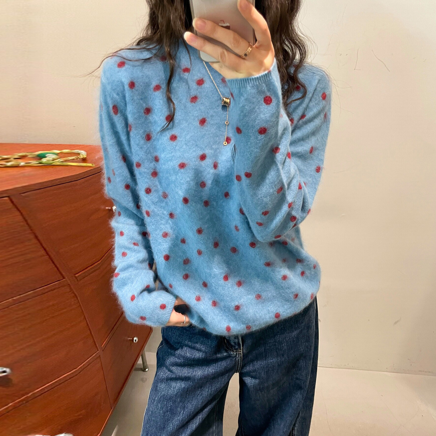 撞色波点拉毛羊绒绵羊毛针织衫女