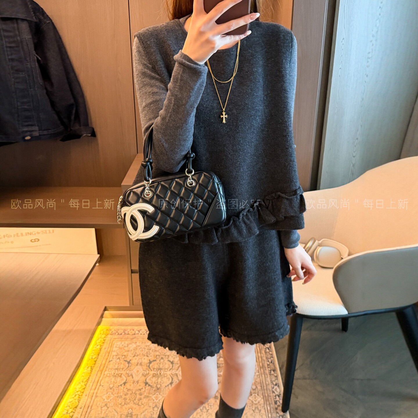 羊毛针织衫短裤两件套装女欧洲站