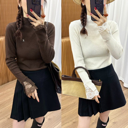 喇叭袖半高领羊毛针织衫女欧洲站