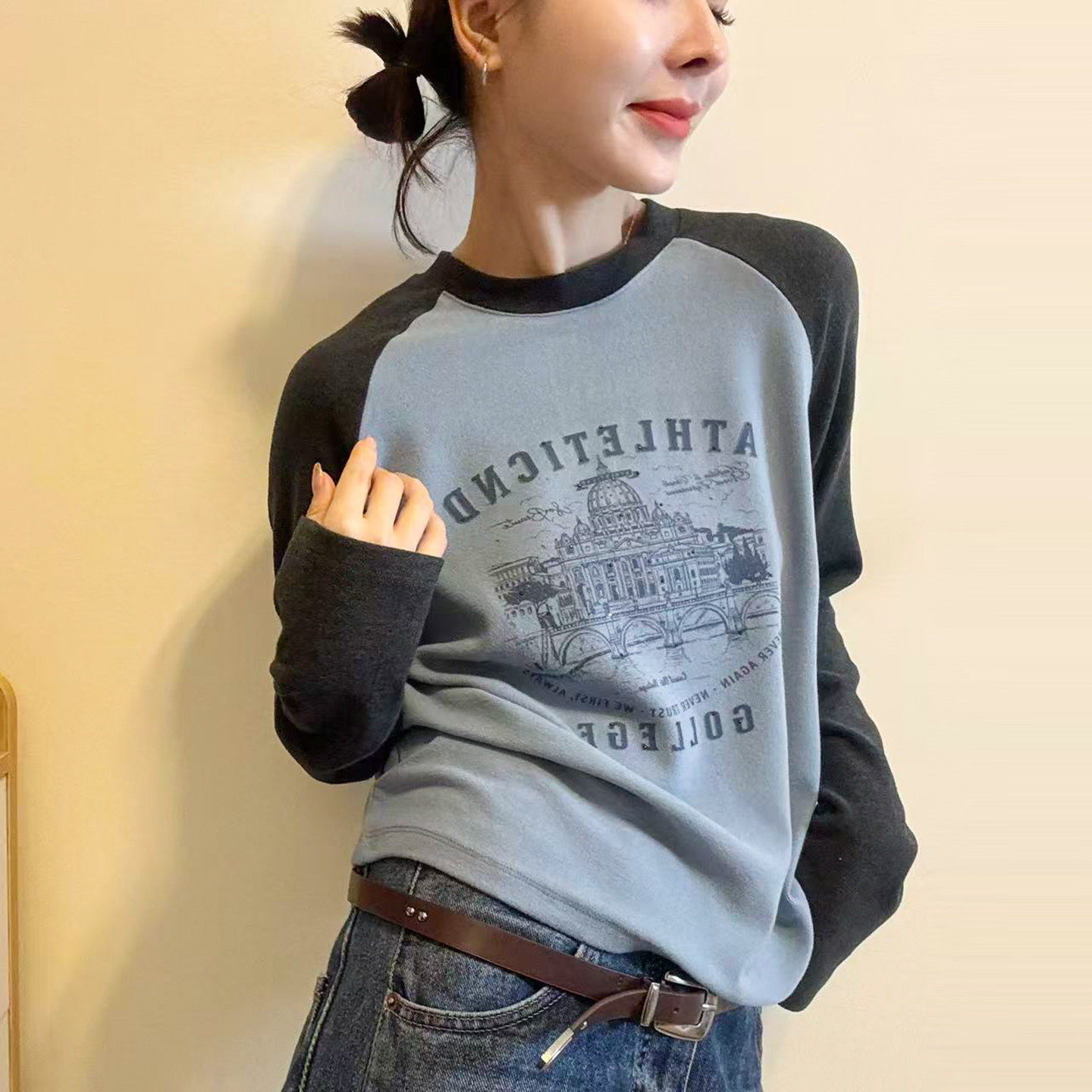 字母印花插肩袖德绒T恤女欧洲站