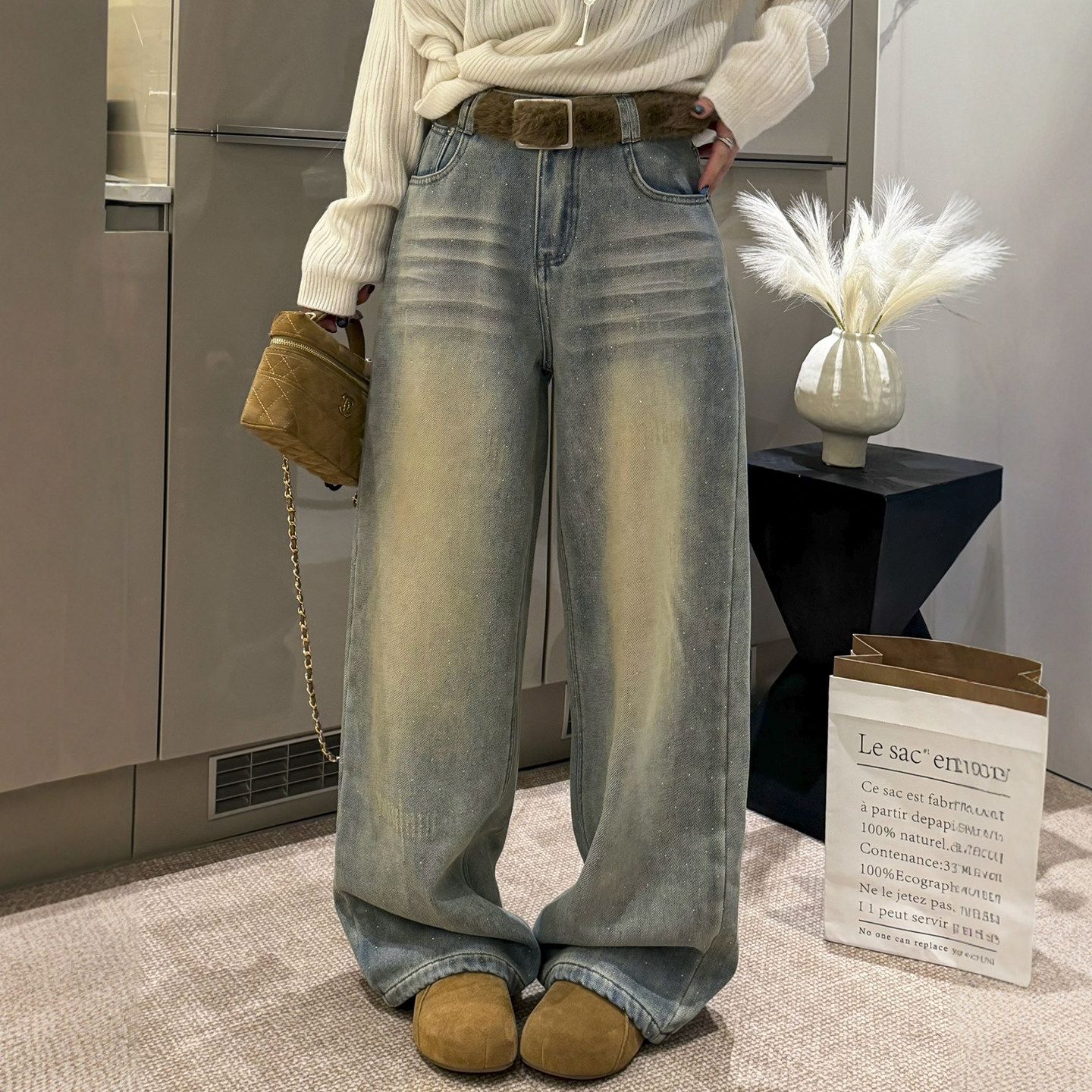 重工烫钻加绒阔腿牛仔裤女欧洲站2025冬装新款欧货女装直筒裤子潮