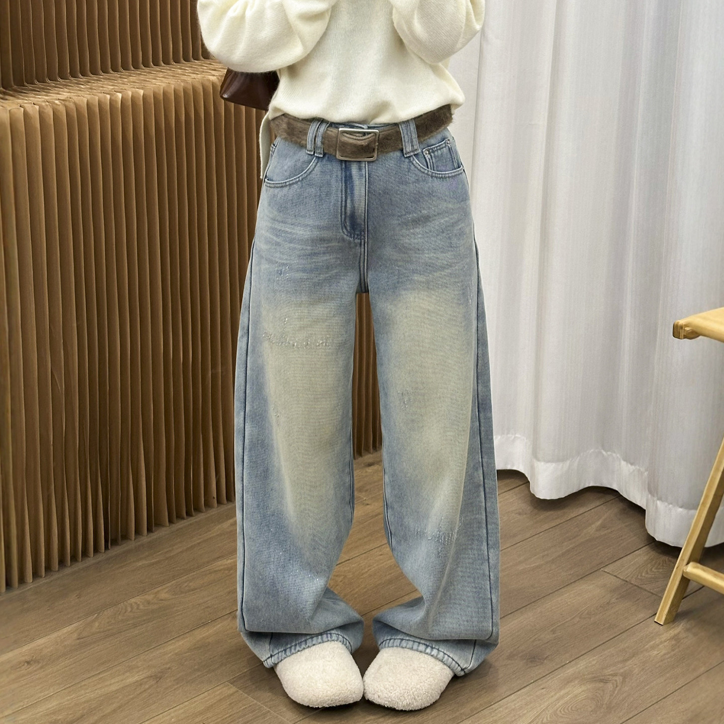 重工亮钻加绒窄版牛仔裤女欧洲站2025冬装新款欧货女装直筒裤子潮