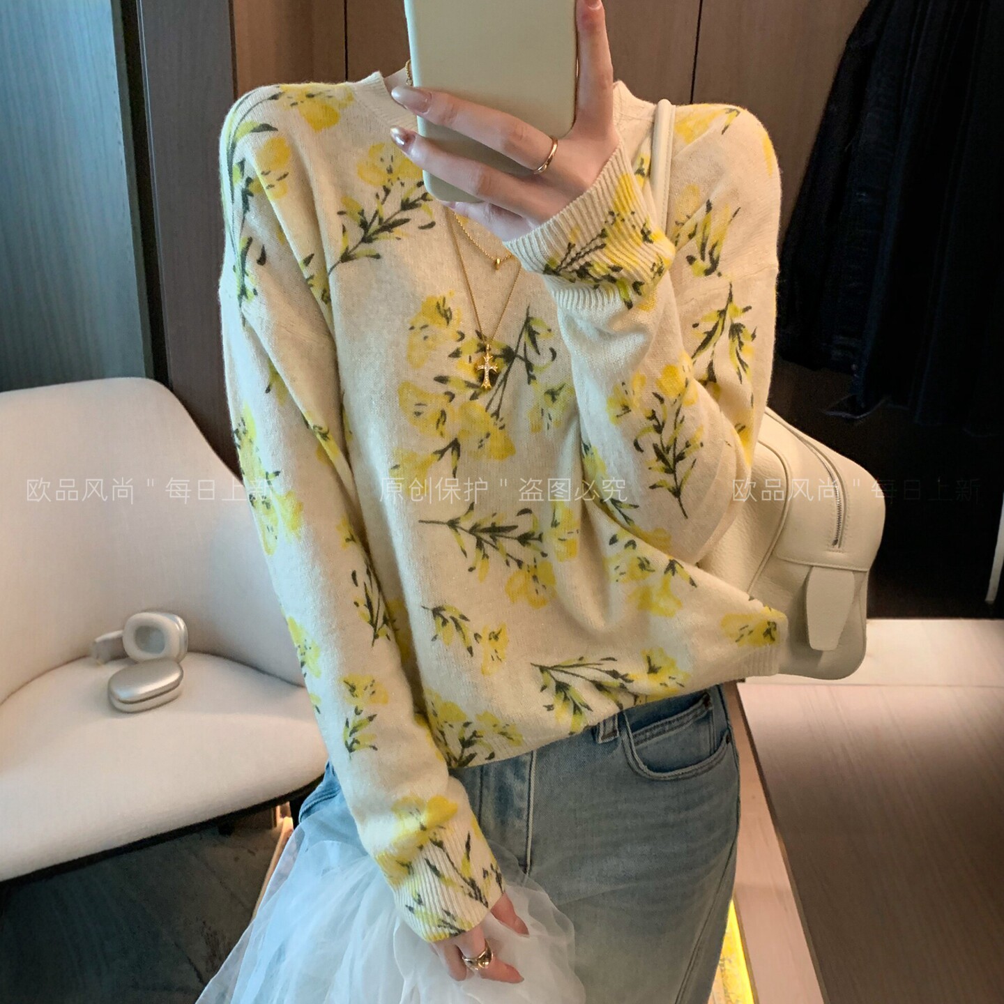 100%羊毛花朵印染针织衫女欧洲站