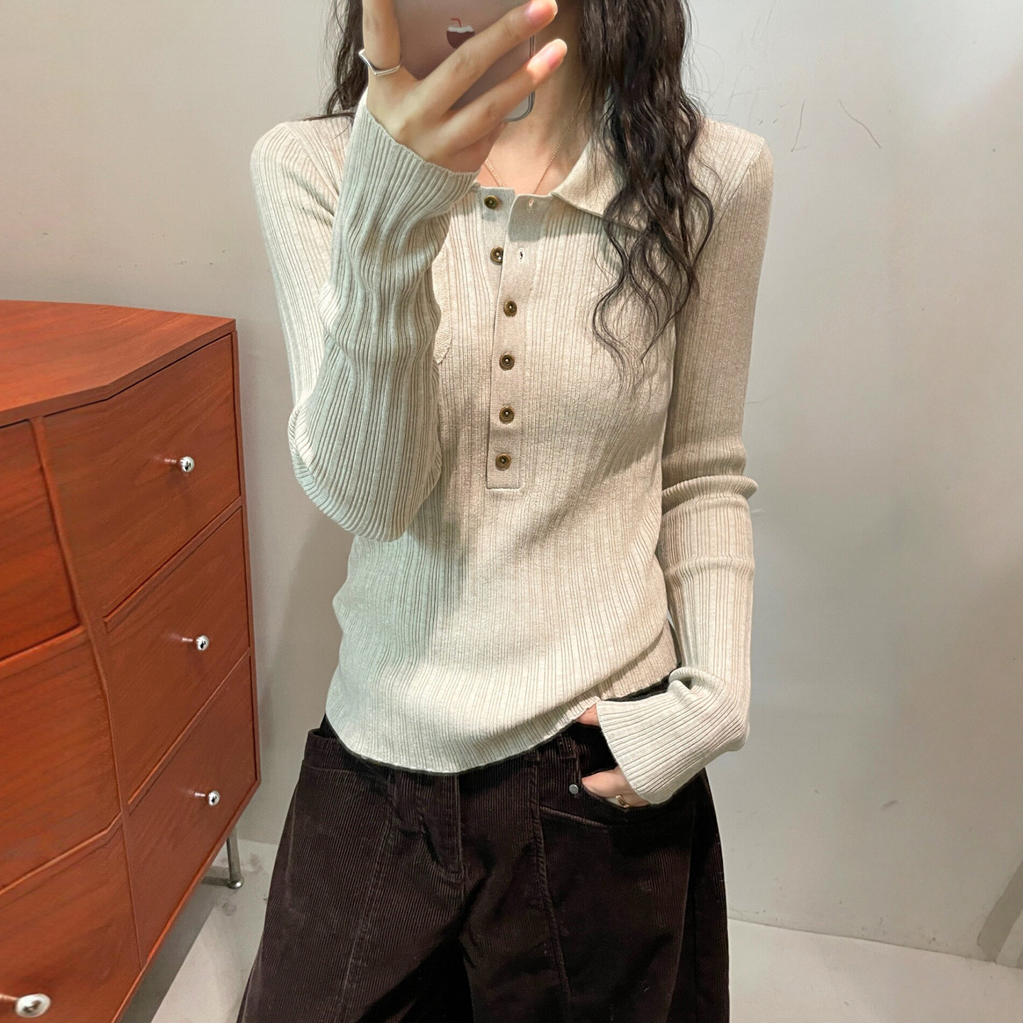 POLO领坑条丝光羊毛针织衫女欧货