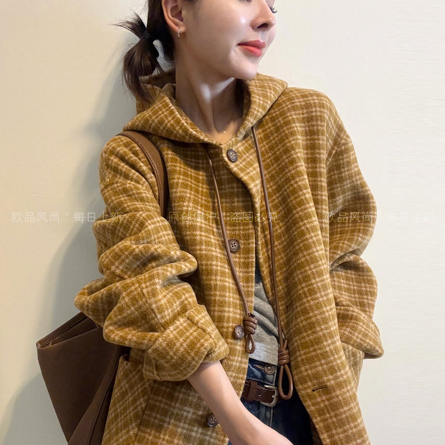 撞色格子连帽双面羊绒大衣女欧货