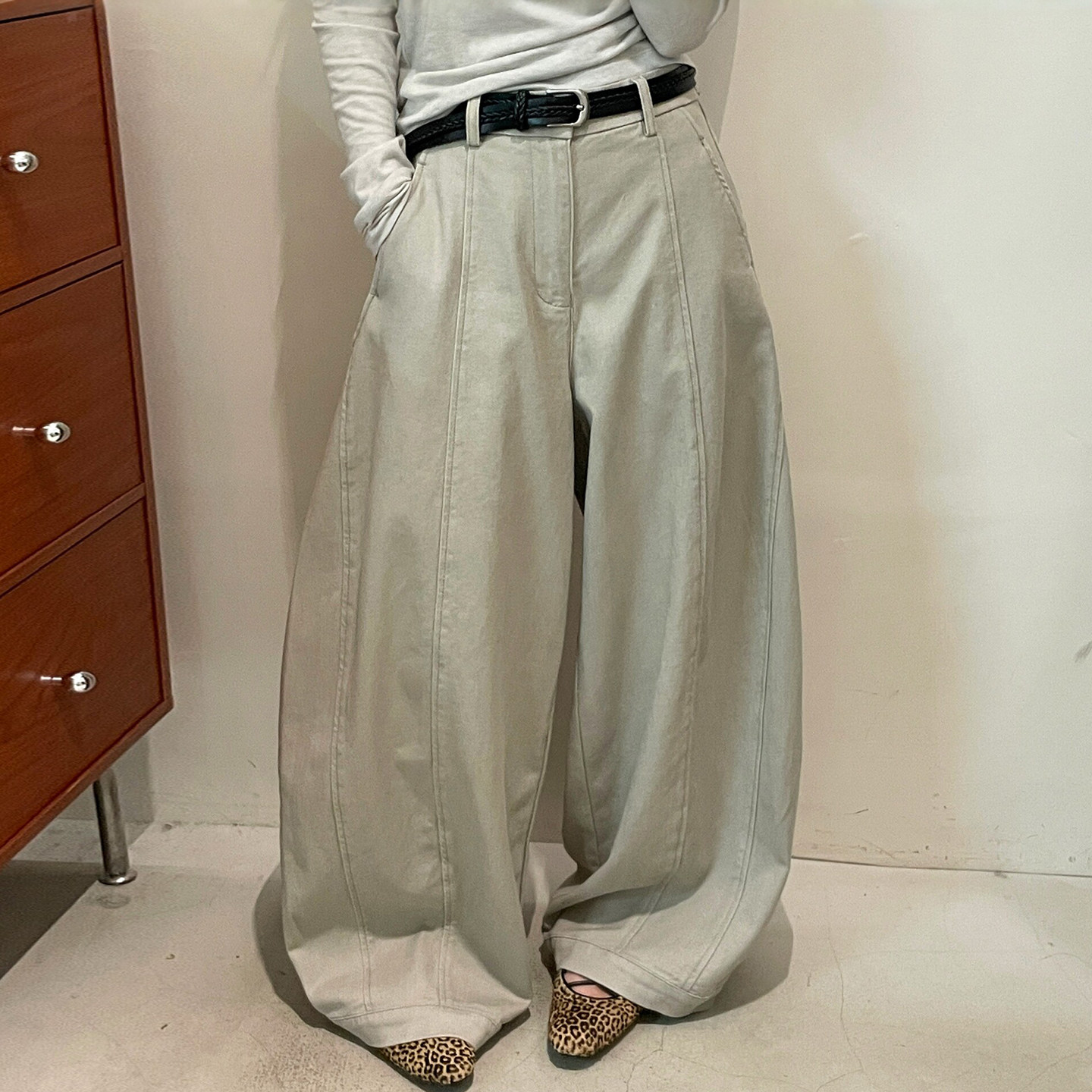 编织腰带弯刀西装阔腿裤女欧洲站