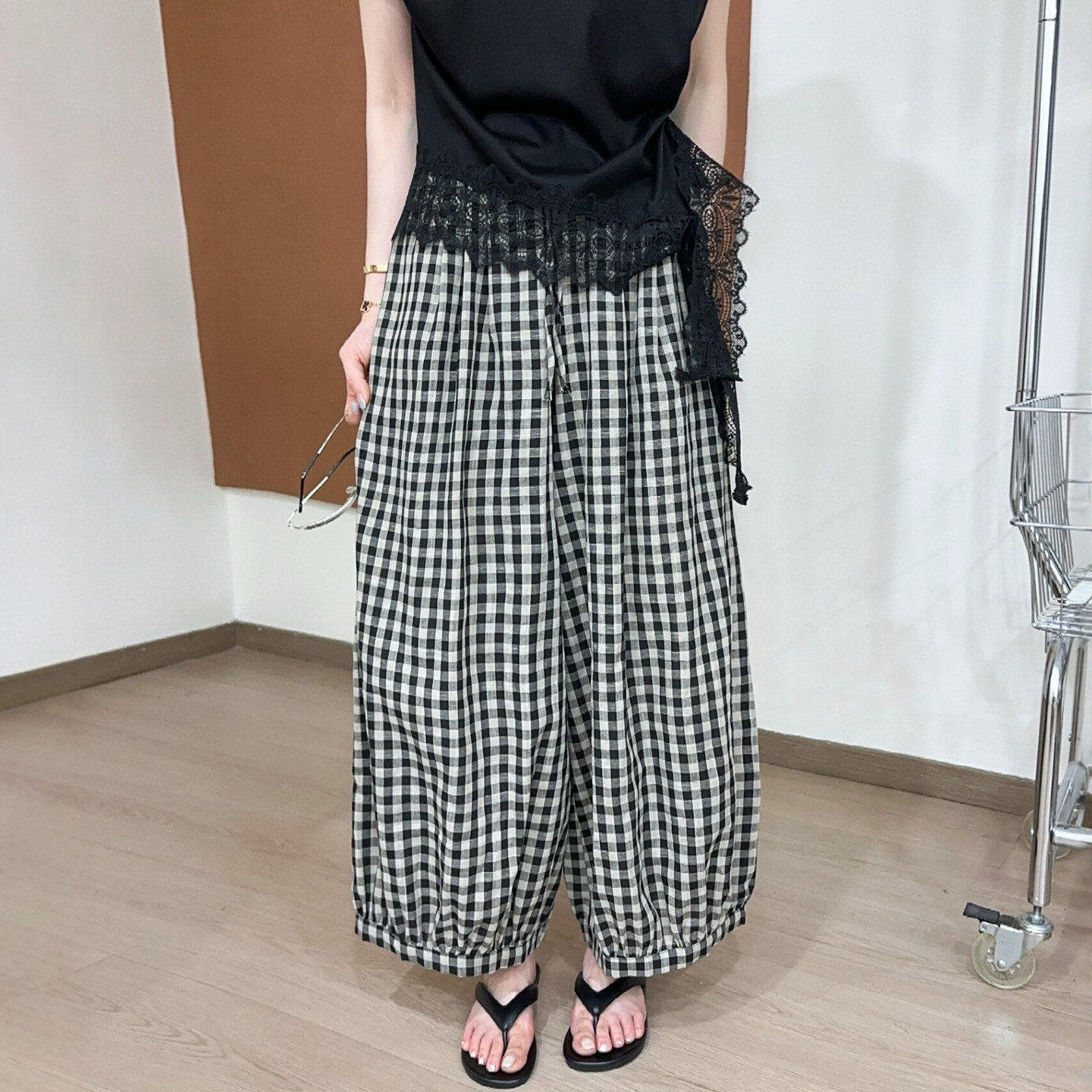 撞色格子气球阔腿裤女欧洲站2026夏季新款欧货女装时尚休闲裤子潮