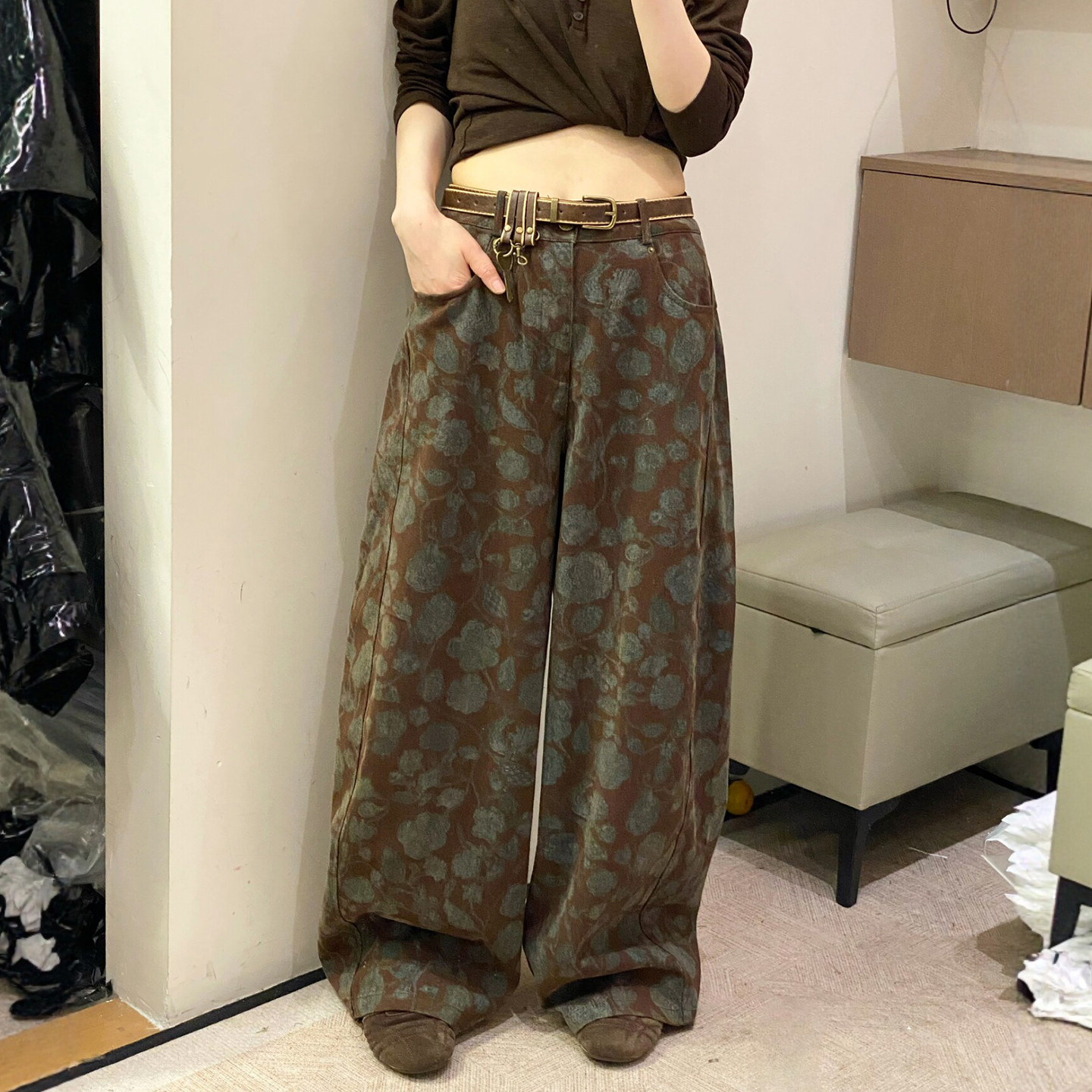 复古印花拖地阔腿牛仔裤女欧洲站