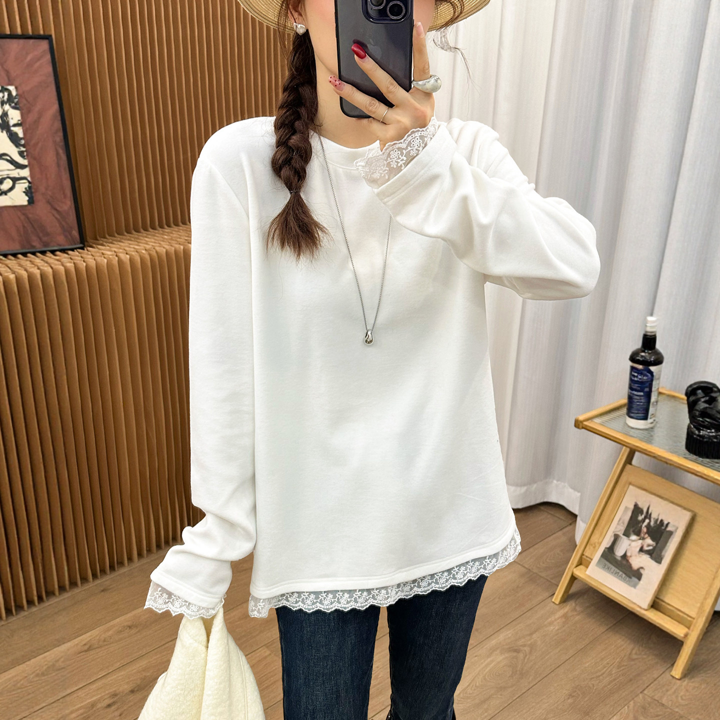 蕾丝拼接磨毛加绒T恤女欧货打底