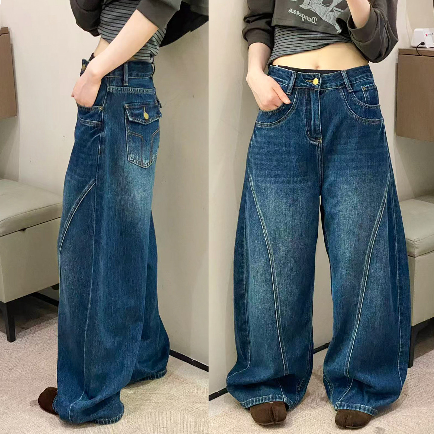裁剪拖地弯刀阔腿牛仔裤女欧洲站