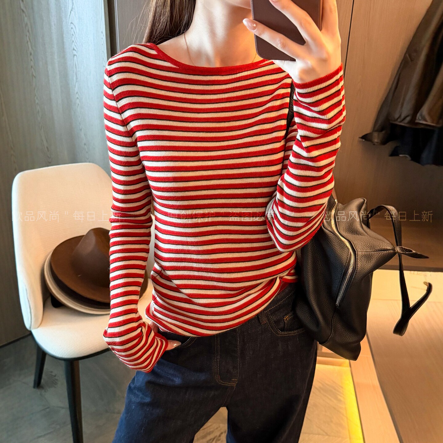 撞色条纹修身羊毛针织衫女欧洲站