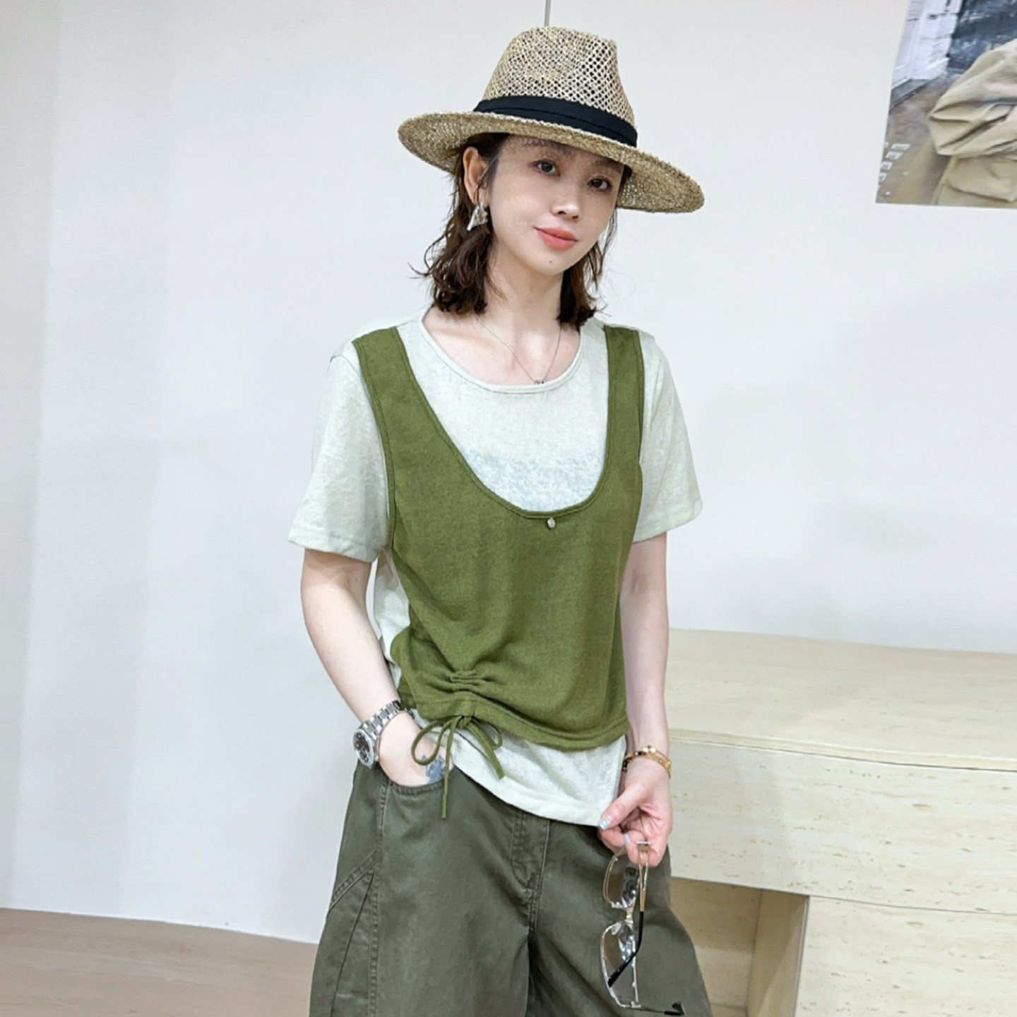假两件系带冰丝针织衫女欧洲站潮