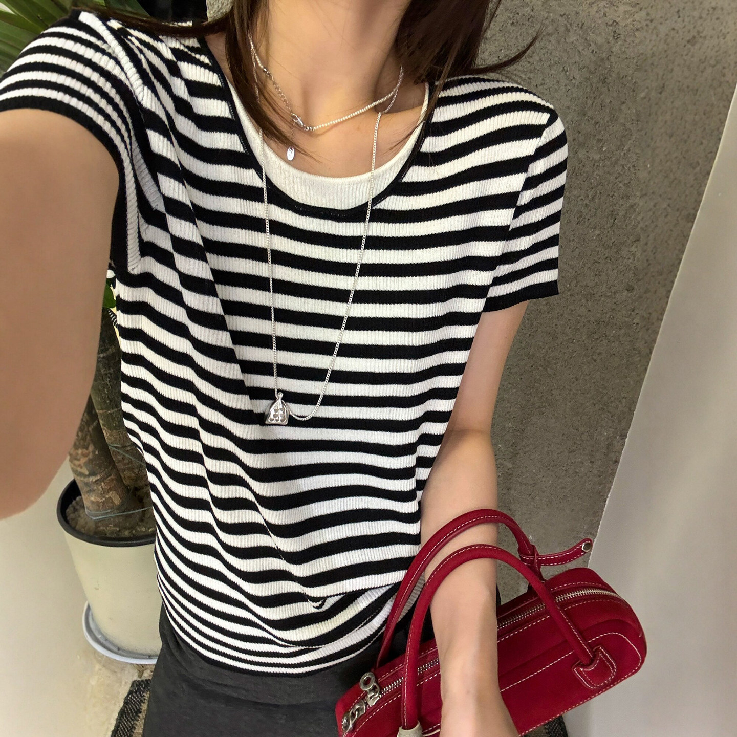 假两件条纹针织短袖T恤女欧洲站2026春装新款欧货女装打底小衫潮