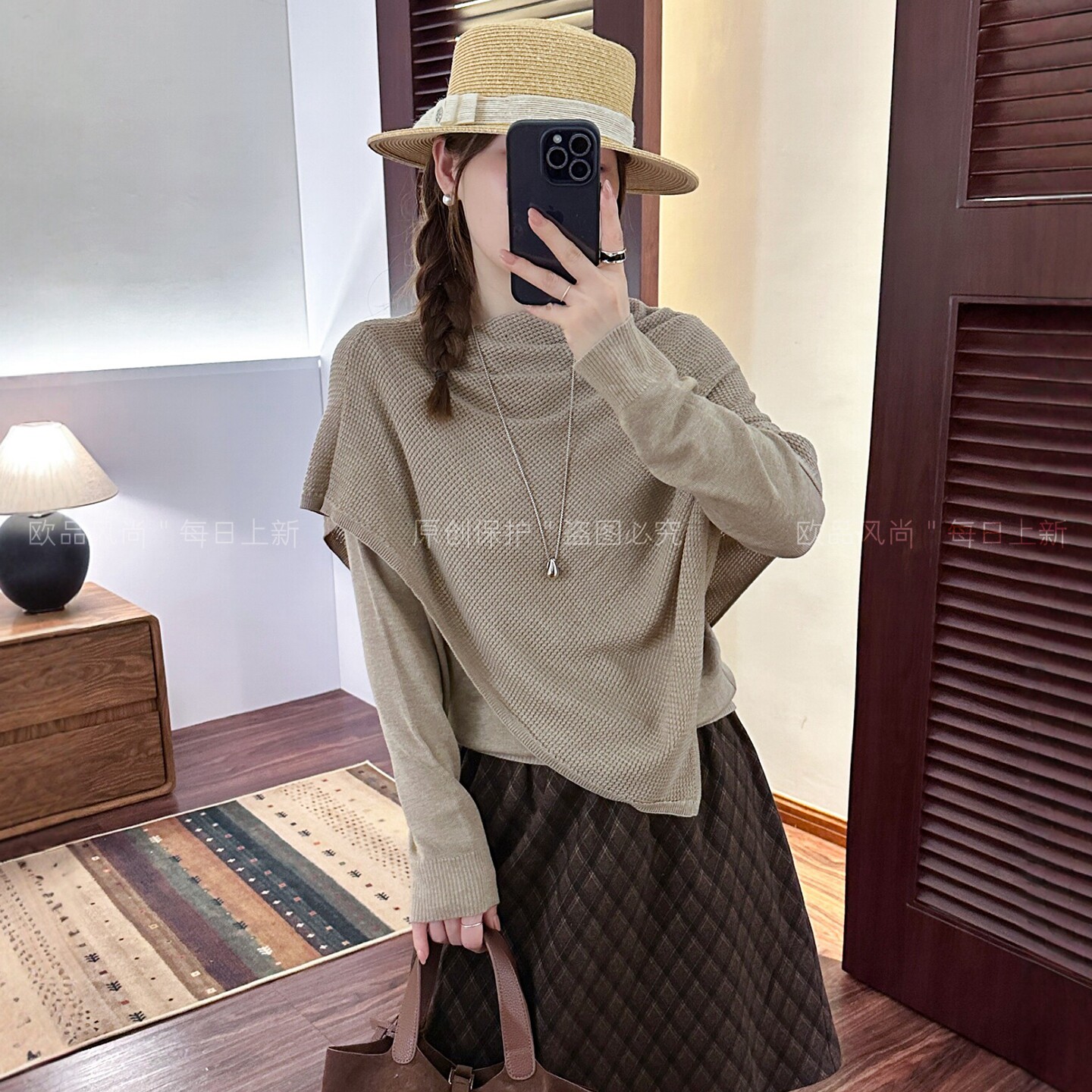 假两件斗篷领羊毛针织衫女欧洲站