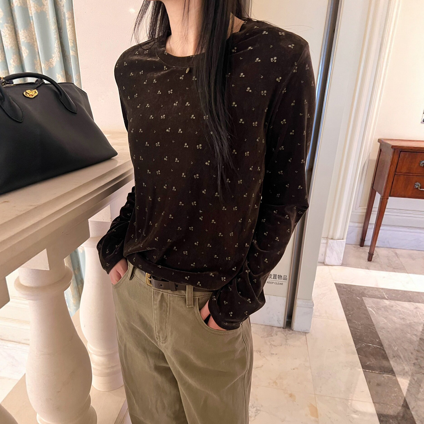 复古碎花金丝绒长袖T恤女欧洲站