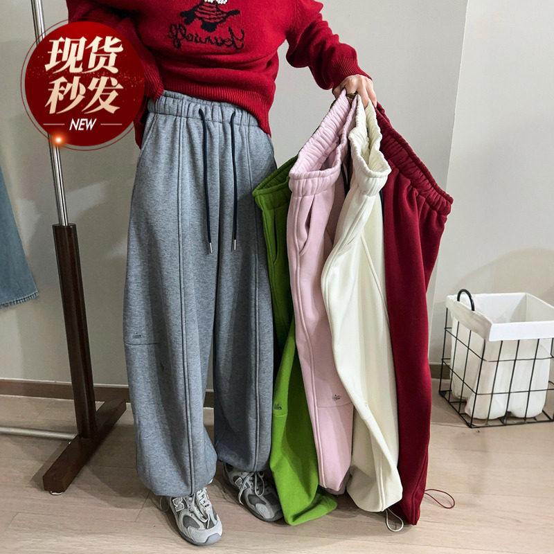 抽绳束脚阔腿加绒卫裤女欧洲站2025冬装新款欧货女装加厚休闲裤潮