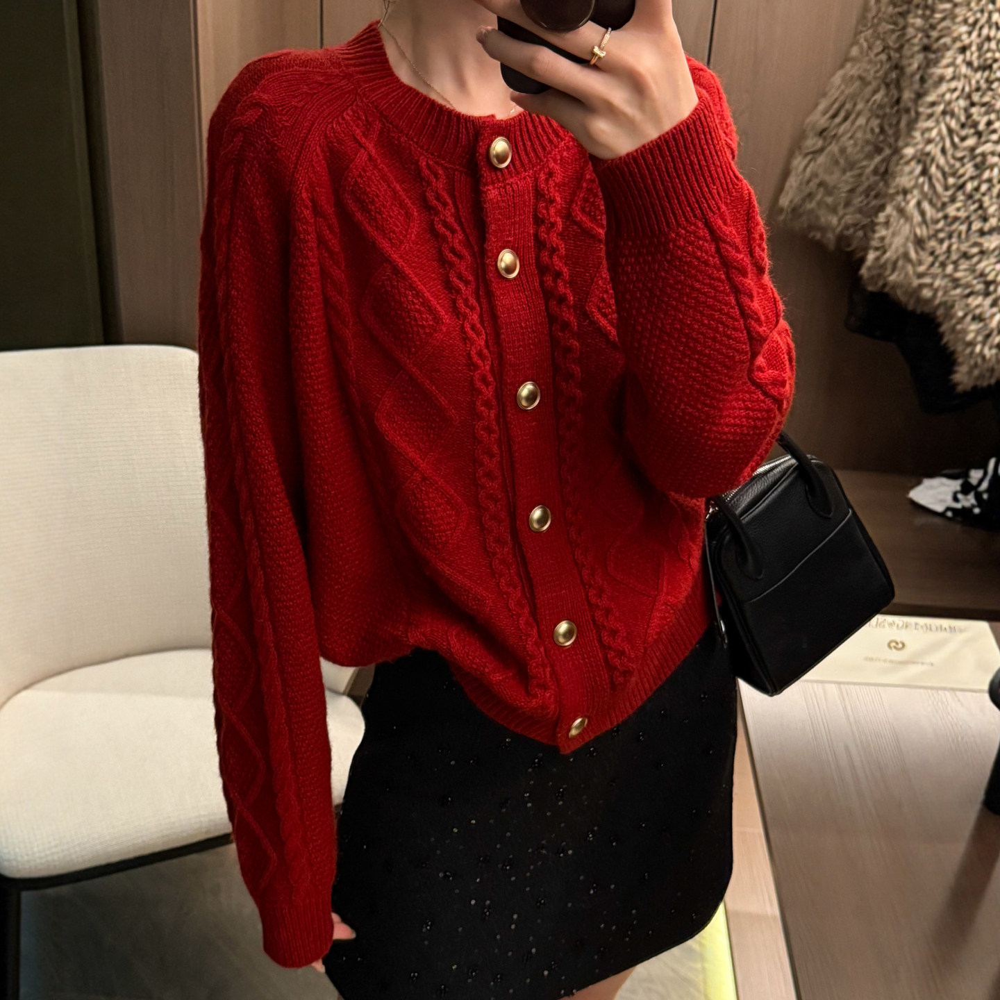 小香风金扣羊毛针织开衫女欧洲站