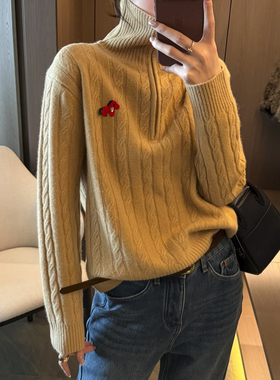 小马刺绣麻花高领羊毛针织衫女欧洲站2025冬装新款欧货女装毛衣潮