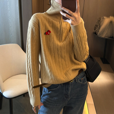 小马刺绣麻花高领羊毛针织衫欧货