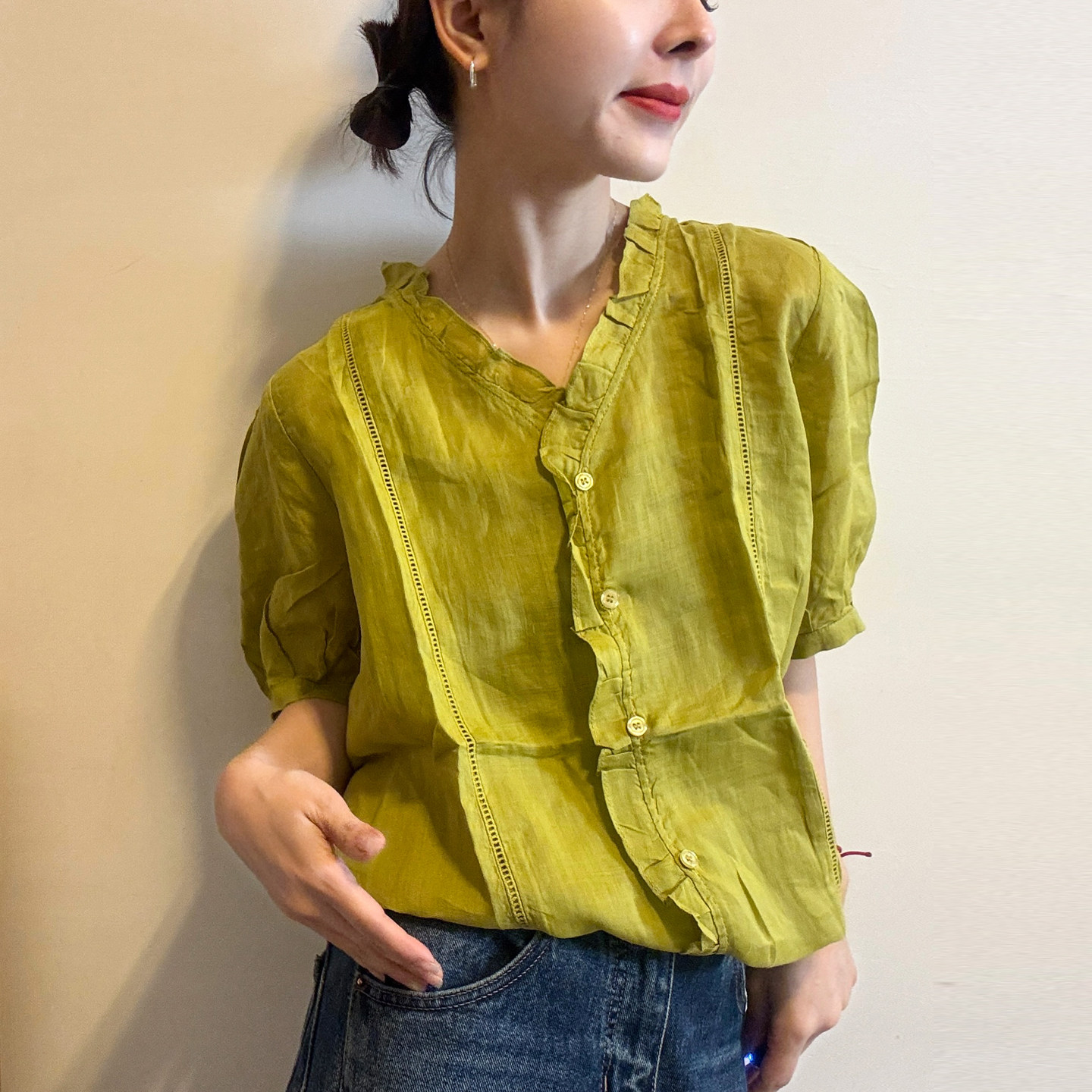泡泡袖木耳边A字麻料衬衫女欧洲站2026夏季新款欧货女装娃娃衫潮