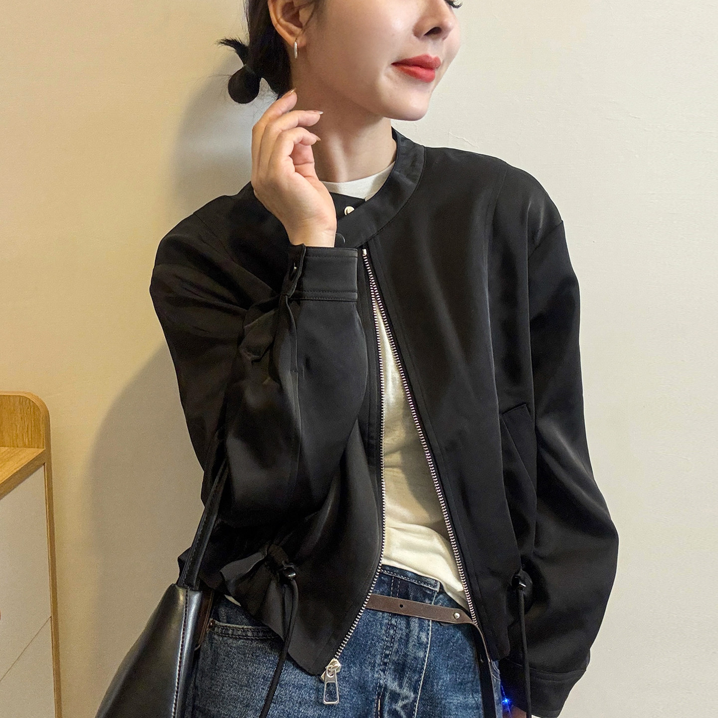 下摆抽绳醋酸棒球服外套女欧洲站2026春装新款欧货女装夹克开衫潮