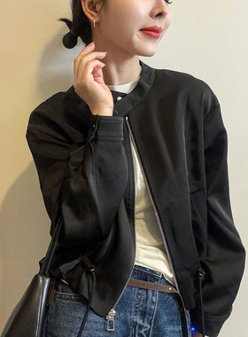 下摆抽绳醋酸棒球服外套女欧洲站
