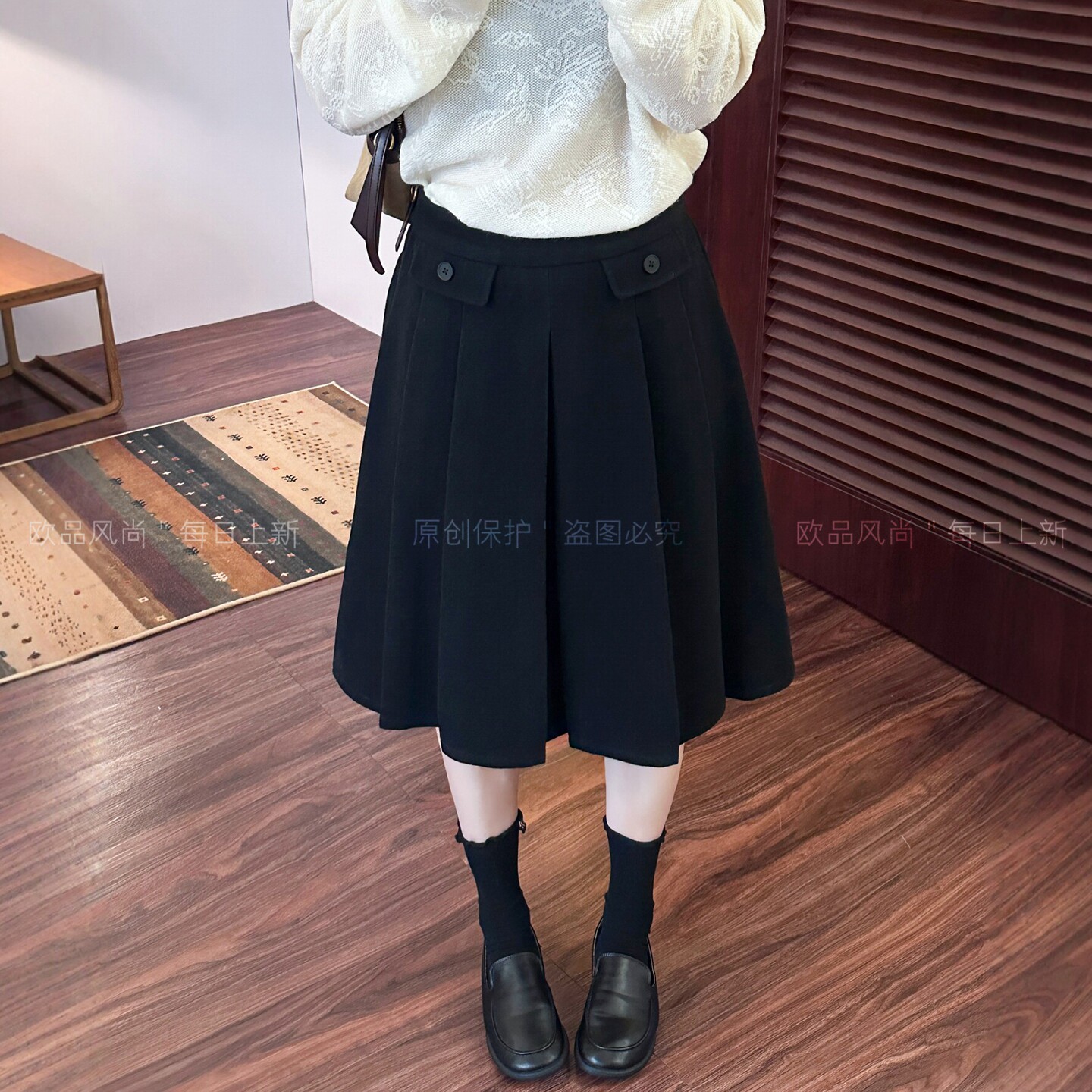 羊毛呢A字百褶半身裙女欧洲站潮