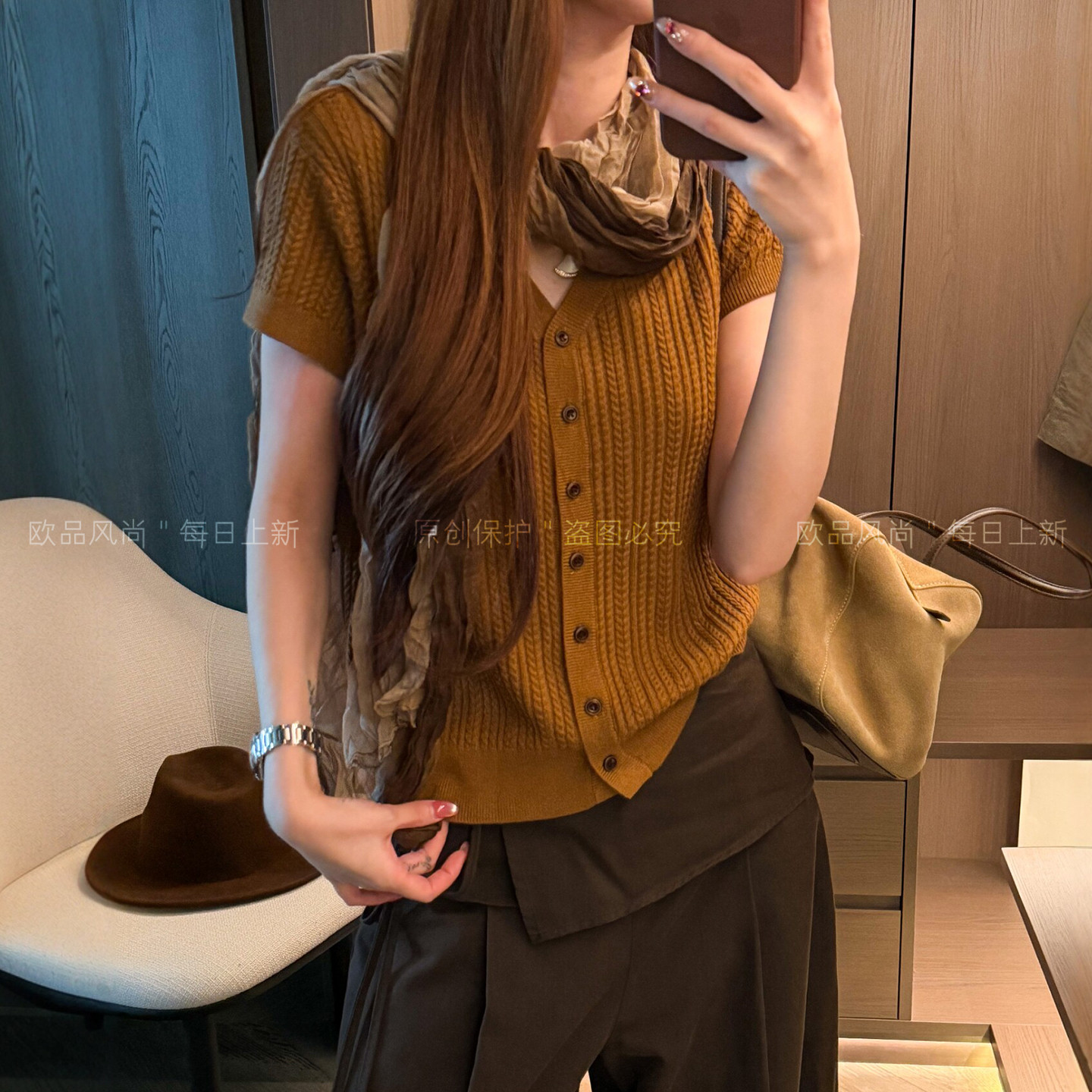 配围巾麻花纹羊毛针织开衫女欧货