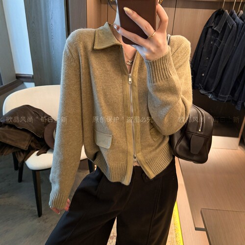 老钱风POLO领羊毛针织开衫女欧货