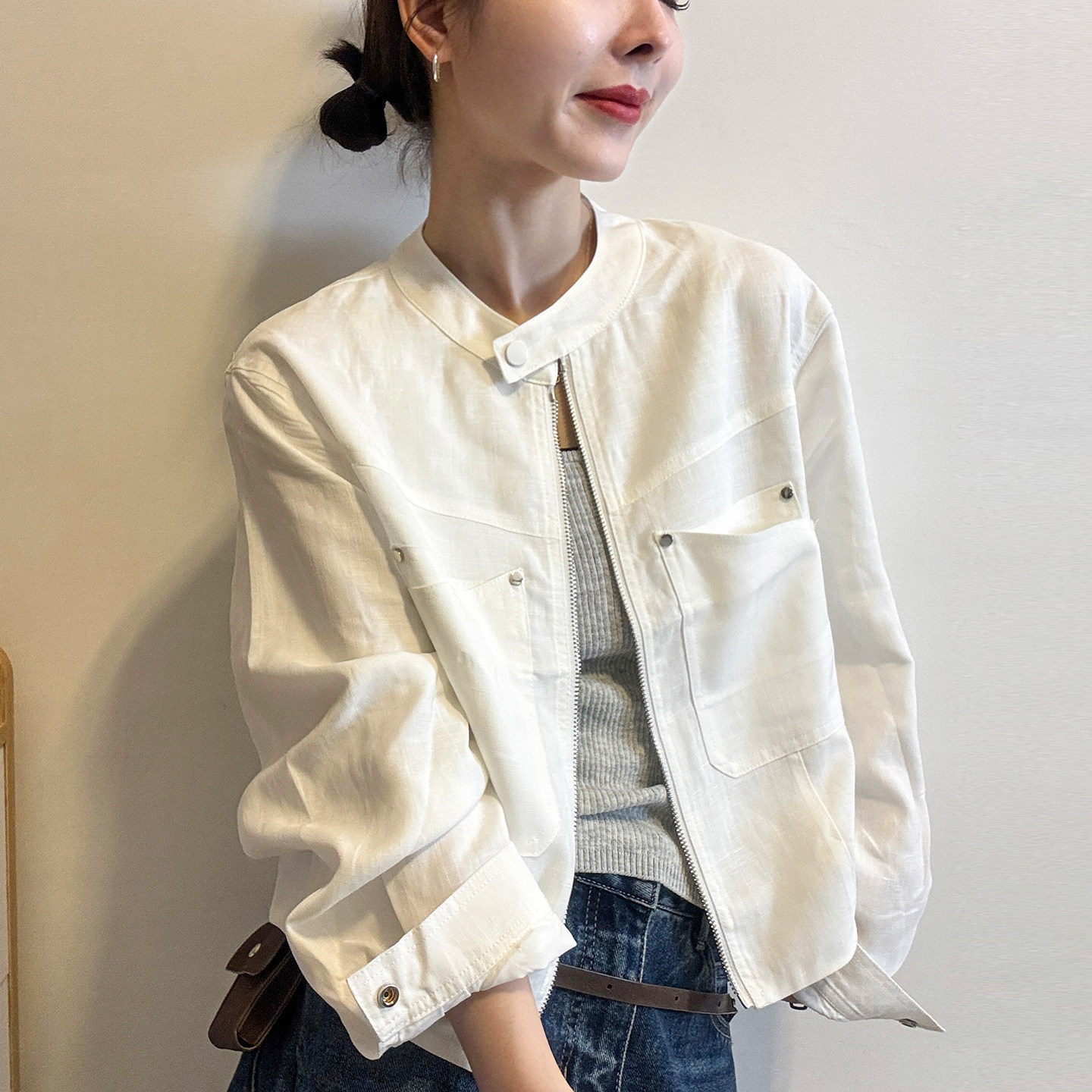 复古立领天丝麻料棒球服外套女欧洲站2026春装新款欧货女装上衣潮