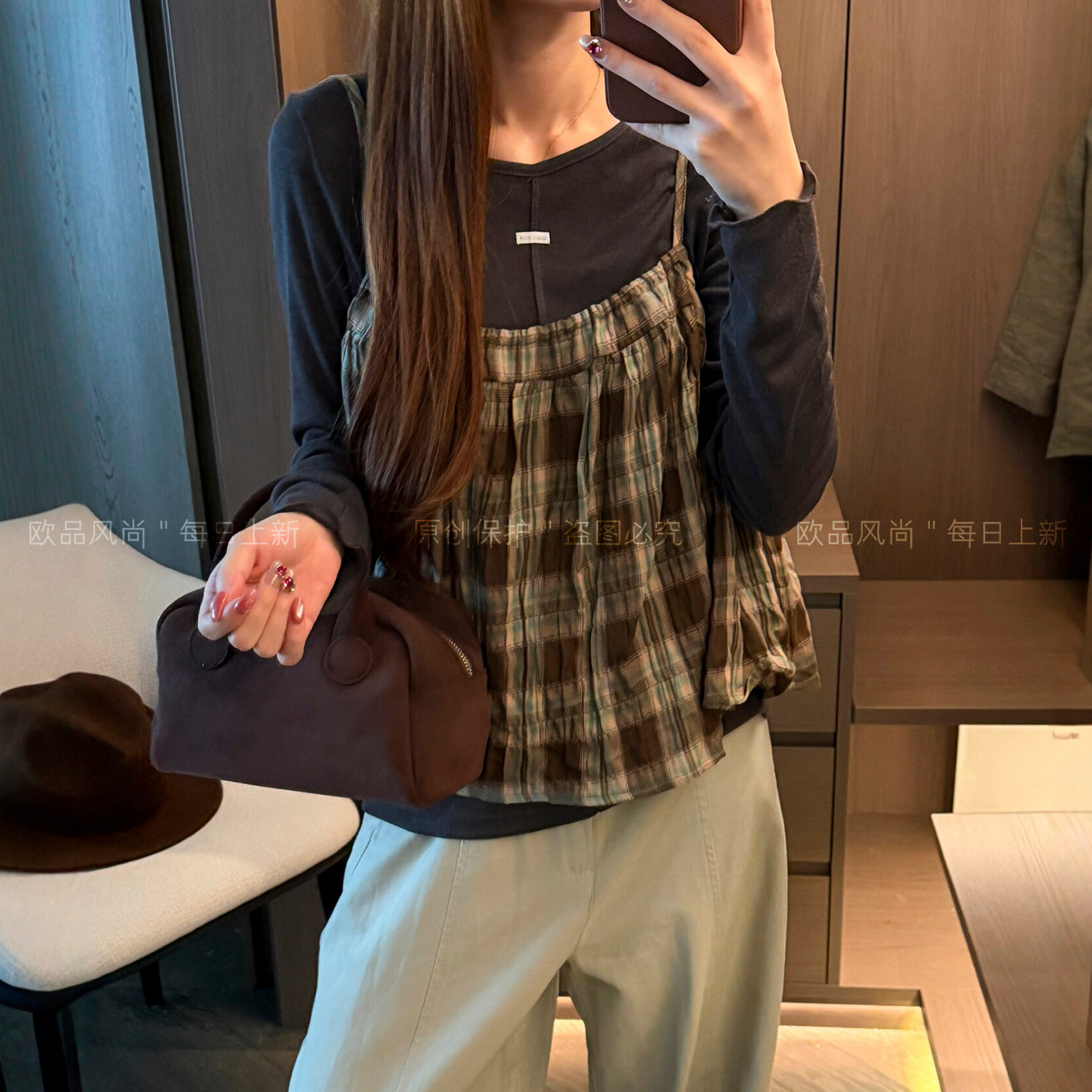 格子吊带衬衫T恤两件套女欧洲站