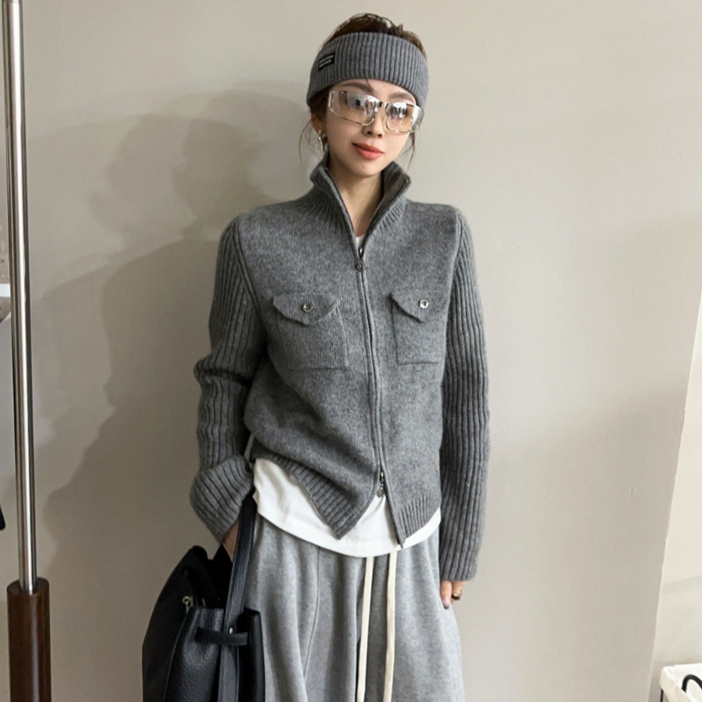 双拉链高领羊毛针织开衫女欧洲站