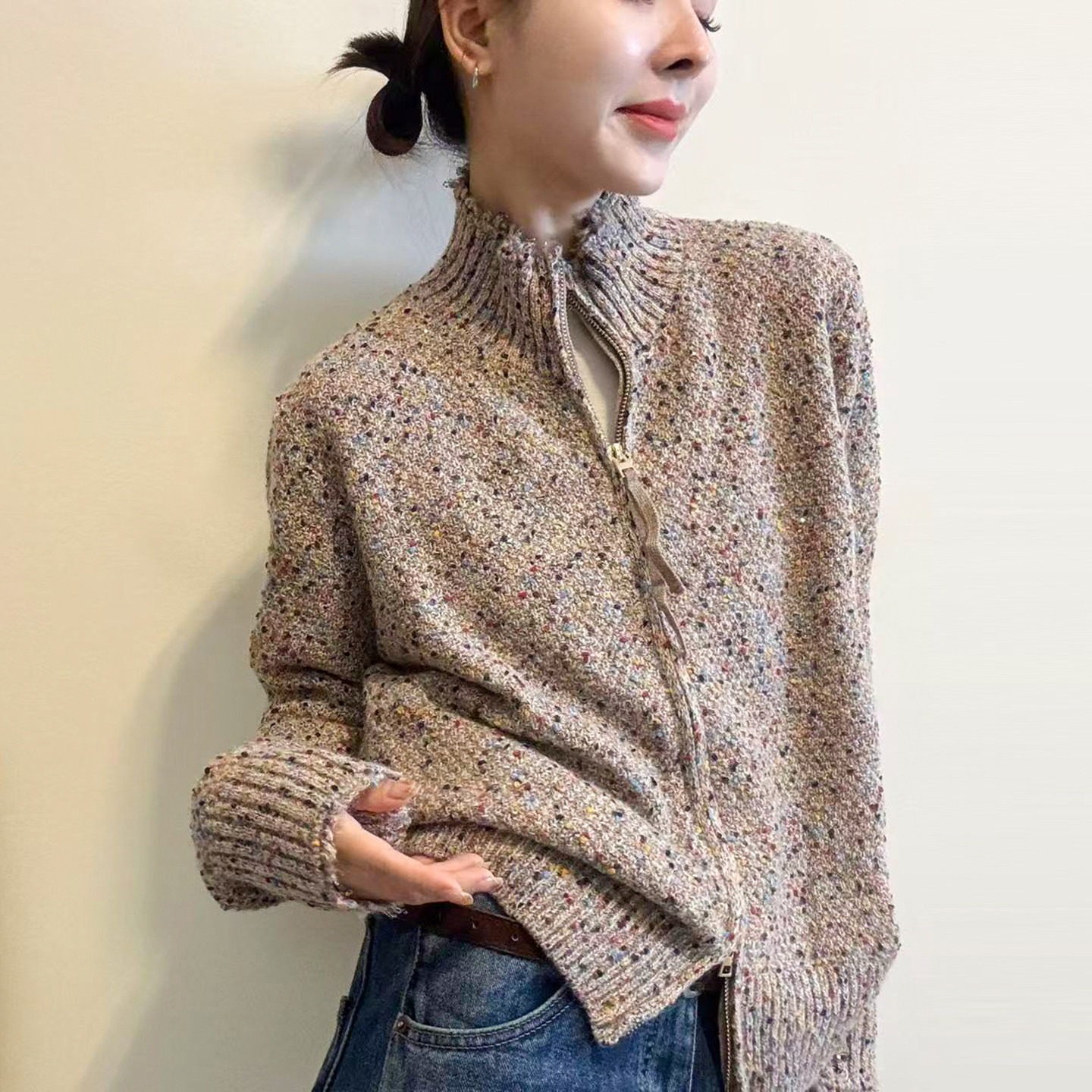 复古花纱高领羊毛针织开衫女欧货
