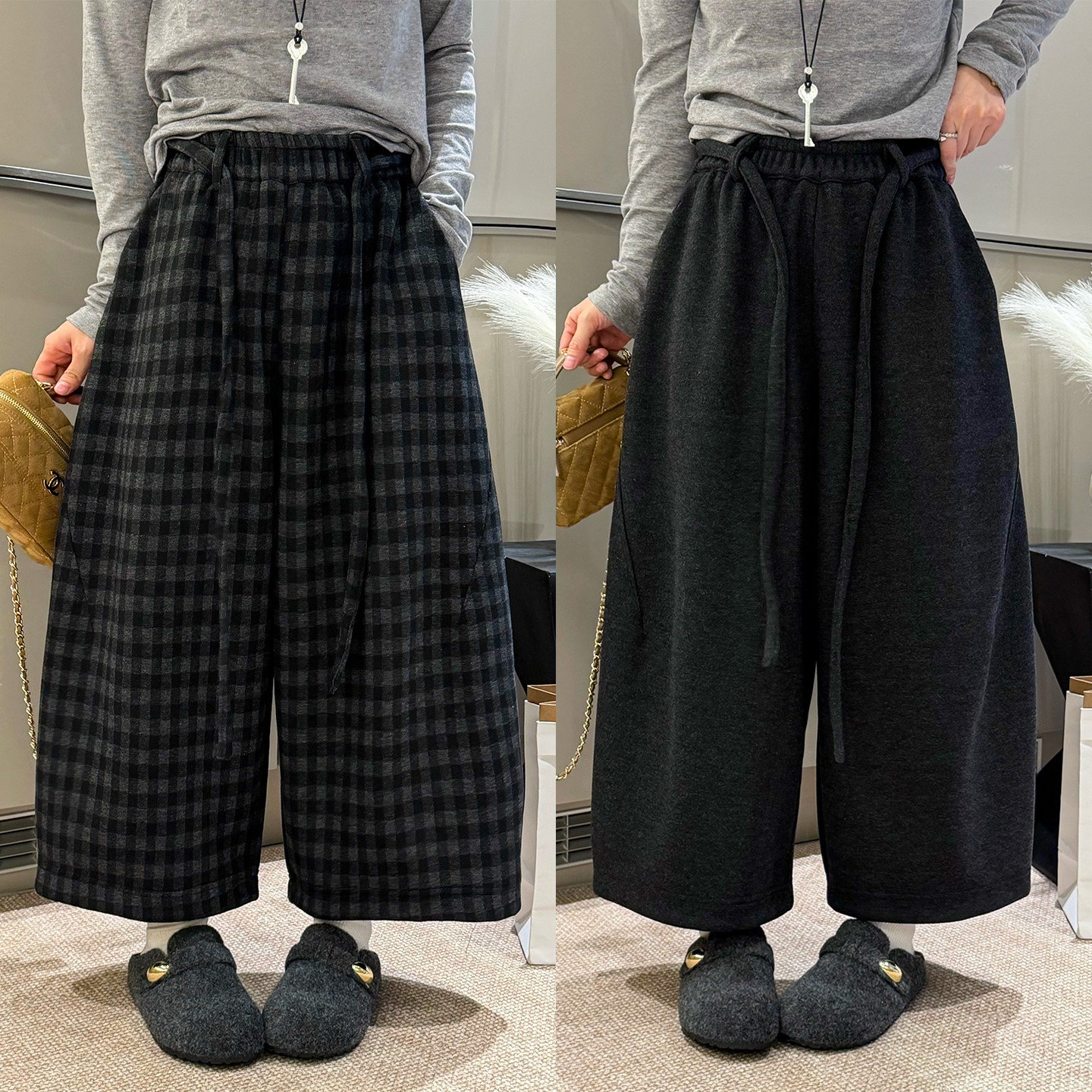 格子羊毛呢加绒阔腿裤女欧洲站2025冬装新款欧货女装九分休闲裤潮