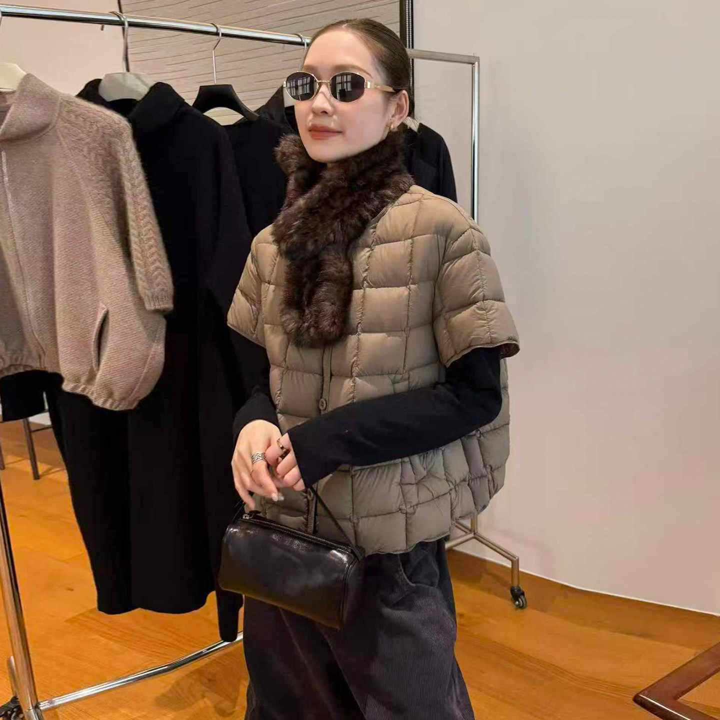复古方格压线A字羽绒服女欧洲站