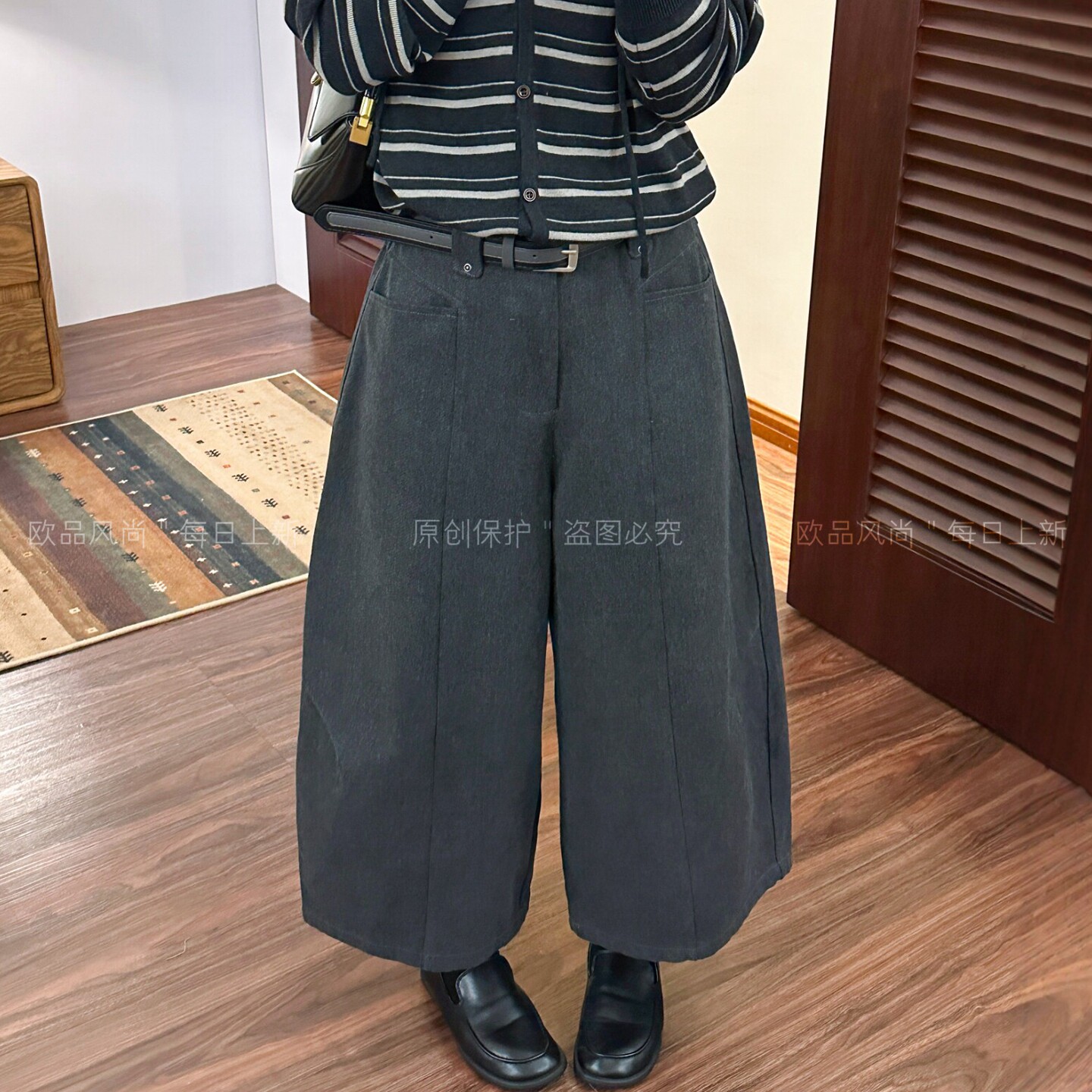 羊毛呢九分弯刀西装阔腿裤女欧货