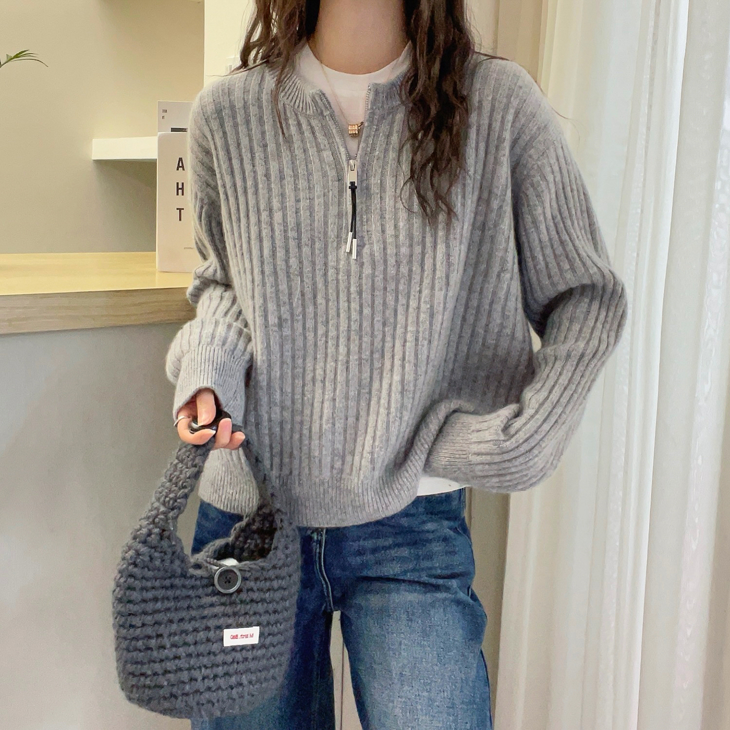 复古坑条V领羊绒针织衫女欧洲站