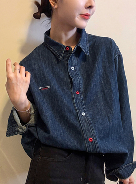 字母刺绣磨毛牛仔衬衫女欧洲站2025冬装新款欧货女装时尚打底衫潮