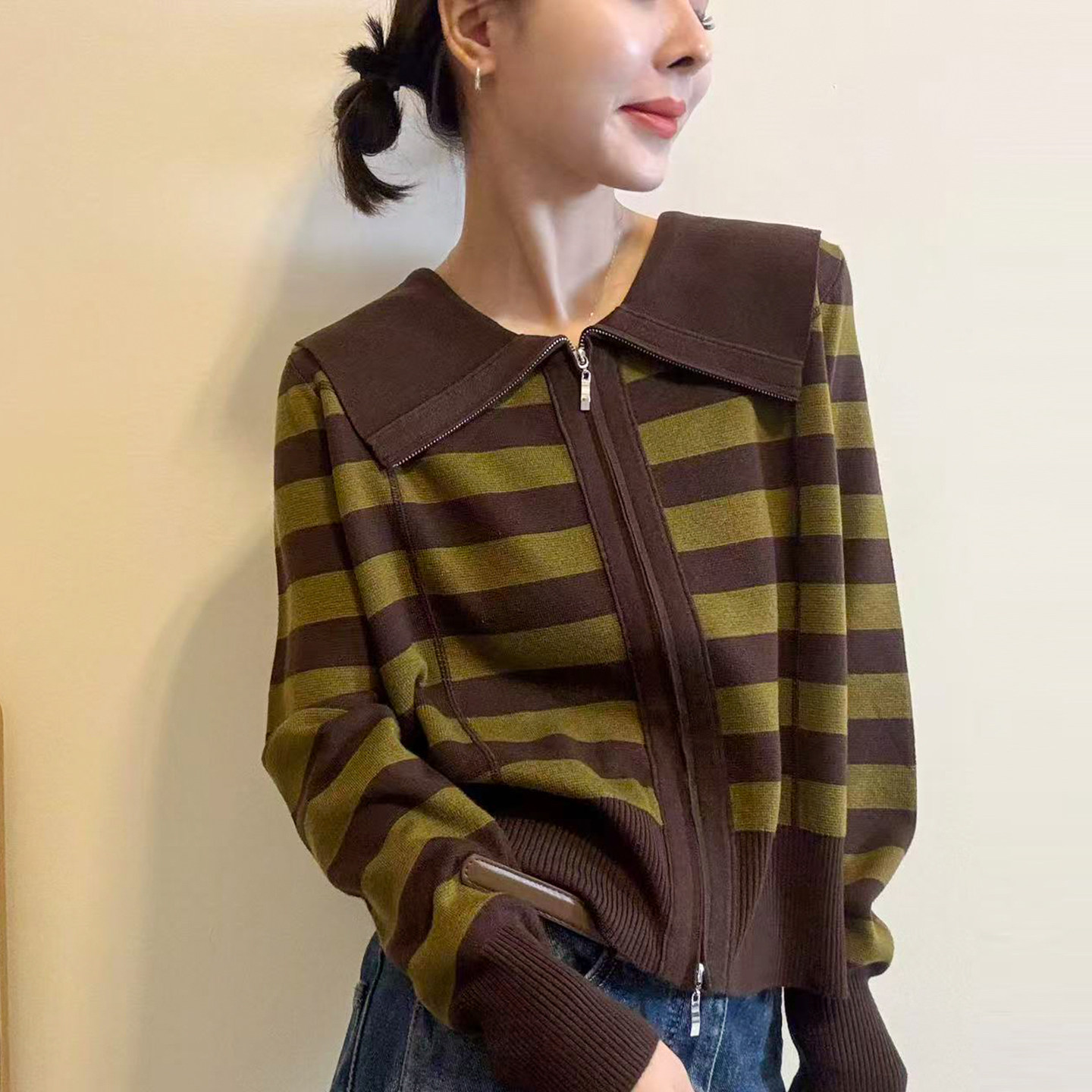 海军领条纹羊毛针织开衫女欧洲站