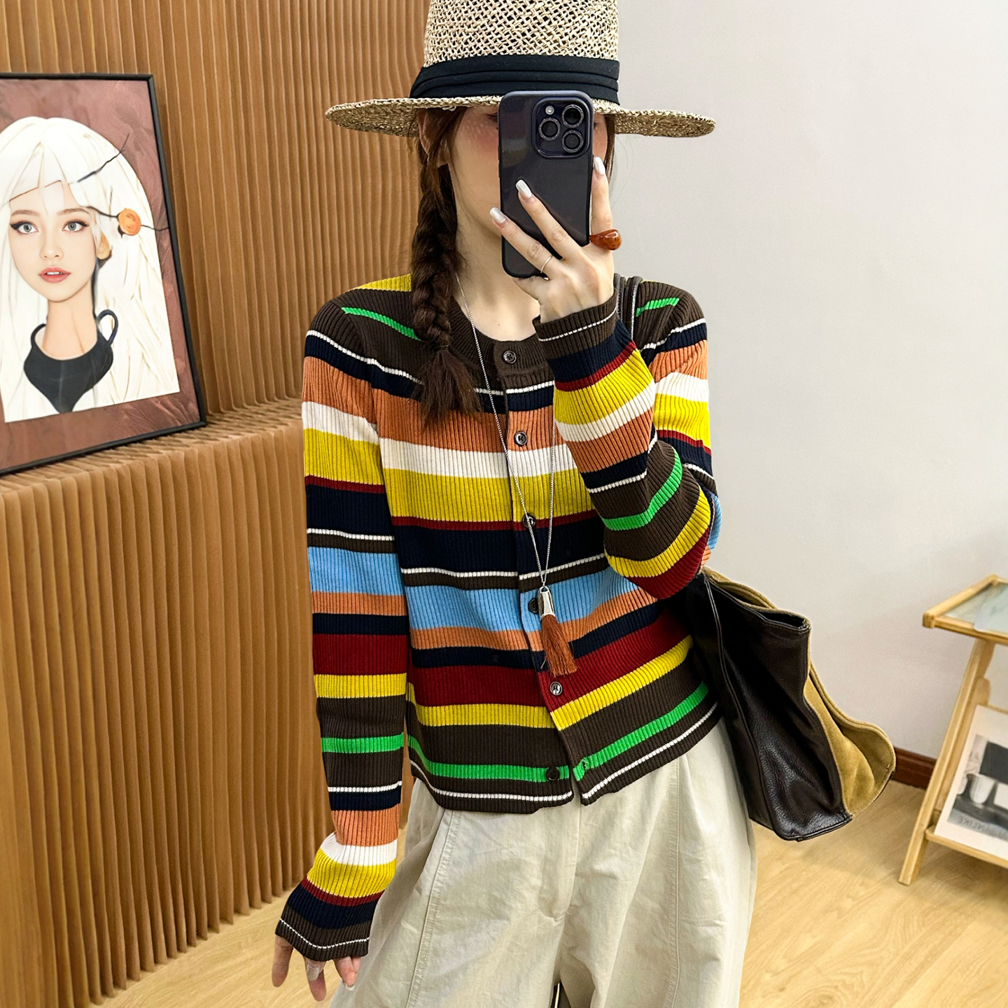 彩虹条纹细羊毛针织开衫女欧洲站